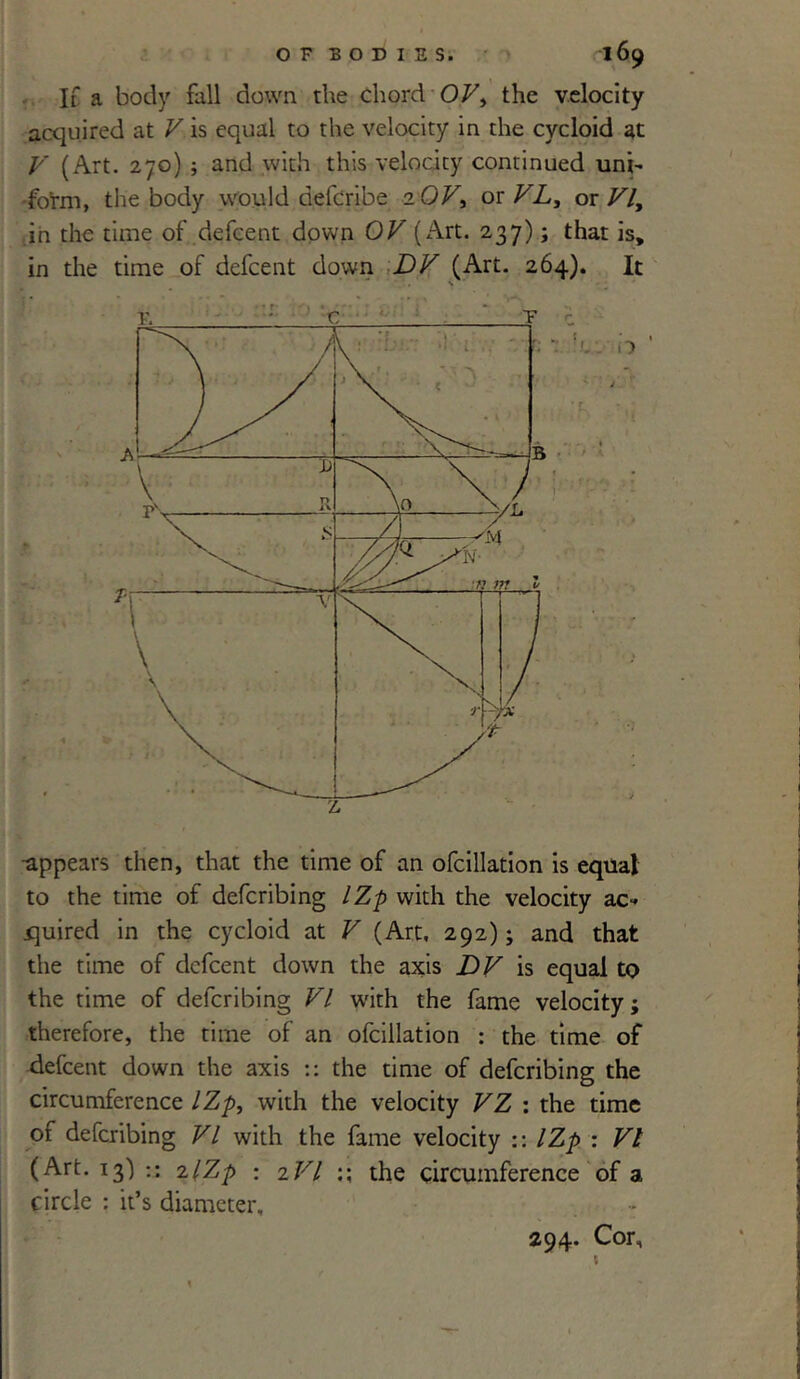 If a body fall down the chord OV, the velocity acquired at V is equal to the velocity in the cycloid at V (Art. 270) ; and with this velocity continued uni- form, the body would defcribe 2 OF, or VL, or VI, in the time of defcent down OV (Art. 237); that is, in the time of defcent down DV (Art. 264). It -appears then, that the time of an ofcillation is equal to the time of defcribing IZp with the velocity ac- quired in the cycloid at V (Art. 292); and that the time of defcent down the axis DV is equal to the time of defcribing VI with the fame velocity; therefore, the time of an ofcillation : the time of defcent down the axis :: the time of defcribing the circumference IZp, with the velocity VZ : the time of defcribing VI with the fame velocity :: IZp : VI (Art. 13! :: 2IZp : 2VI the circumference of a circle : it’s diameter, 294. Cor,