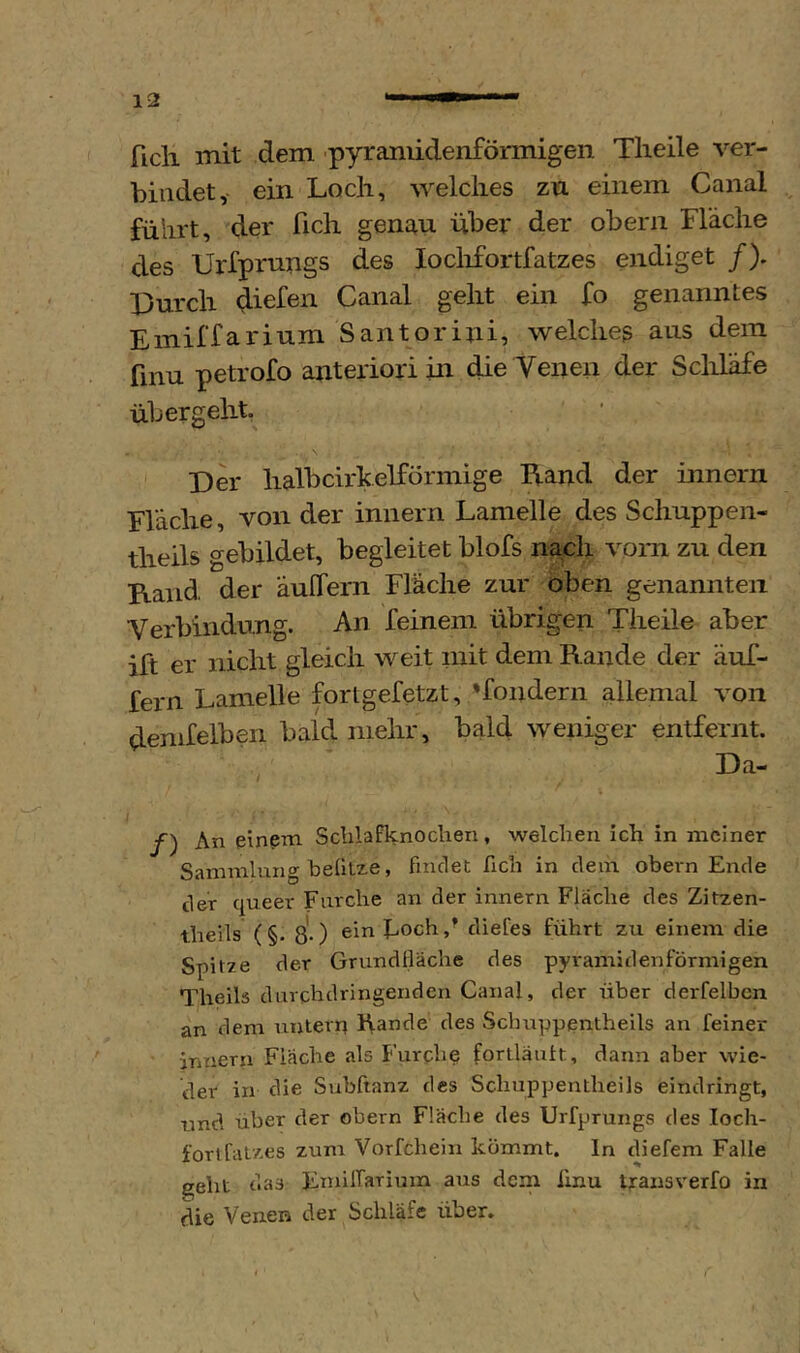 ficli mit dem pyramidenförmigen Theile ver- bindet, ein Locli, ^yelclles zu einem Canal führt, der ficli genau über der obern Fläche des UrfpruTigs des loclifortfatzes endiget /). Durch diefen Canal geht ein fo genanntes Emiffarium Santorini, welches aus dem fmu petrofo anterioriin die Venen der Schläfe übergeht. Der halbcirkelförmige IVand der innern Fläche, von der innern Lamelle des Schuppen- theils gebildet, begleitet blofs nach vom zu den B.and der äuffern Fläche zur oben genannten Verbindung. An feinem übrigen Theile aber ift er nicht gleich weit mit dem Rande der äuf- fern Lamelle fortgefetzt, ’fondern allemal von demfelben bald mehr, bald weniger entfernt. Da- f) An einem Sclilafknochen, welchen ich in meiner Sammlung befiLze, findet ßch in dem obern Ende der queer Furche an der innern Fläche des Zitzen- theils (§. s'.) hoch/ diefes führt zu einem die Spitze der Grundfläche des pyramidenförmigen Theils durchdringenden Canal, der über derfelben an dem untern Kande des Schuppentheils an feiner innern Fiäche als Furche forüäult, dann aber wie- der in die Subftanz des Schuppentheils eindringt, und über der obern Fläche des Urfprungs des loch- forlfatzes zum Vorfchein kömmt, ln diefem Falle geht das Emiirariuin aus dem linu transverfo in die Venen der Schläfe über.