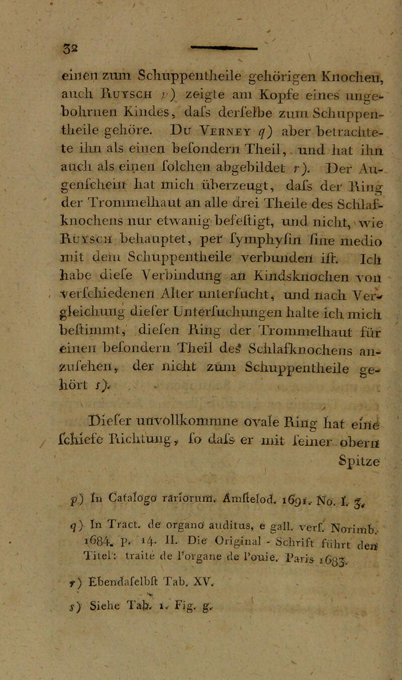 einen zum Scliuppentheile gehörigen Knochen, auch Rutsch p) zeigte am Kopfe eines urige*- bohrnen Kindes, clafs derfelbe zum Schuppen- theile gehöre. Du Verney q) aber betrachte- te ihn als einen befonderil Theil,. und liat ilm auch als einen folchen abgebildet r). Der Aii- genfchein hat mich überzeugt, dafs der Ring der Trommelliaut an alle drei Theile des Schlaf- Knochens nur etwanig befeltigt, und nicht, wie Rutsch behauptet, per fymphyhn fnre medio mit dem Schuppen theile verbunden ifh Ich habe diefe Verbindung an Kindsknoclien von verfcliiedenen Alter miterfucht, und nach Ver- gleichung diefer Rnterfuclimigen halte ich mich beftimmt,' diefen Ring der Trommelhaut für einen befondern Theil de5 Schlafknochejis an- zui'eheii, der nicht zmn Scliuppentheile ge- hört s). . . Diefer unvollkommne ovale Ring hat eine fchiefe Richtung, fo dafs er mit feiner oliern Spitze p.) In Cafalögo' räriörum'. Ämllelod. Nö. I. q) In Tract. de organö anditus, e galt, x-erf' NoTinib.. 1Ü84. P* II- Die- Original - Schrift führt den Titel: traite de Porgane de l’otiie. Paris 1633. f) Ehendafelbft Tab. XV.