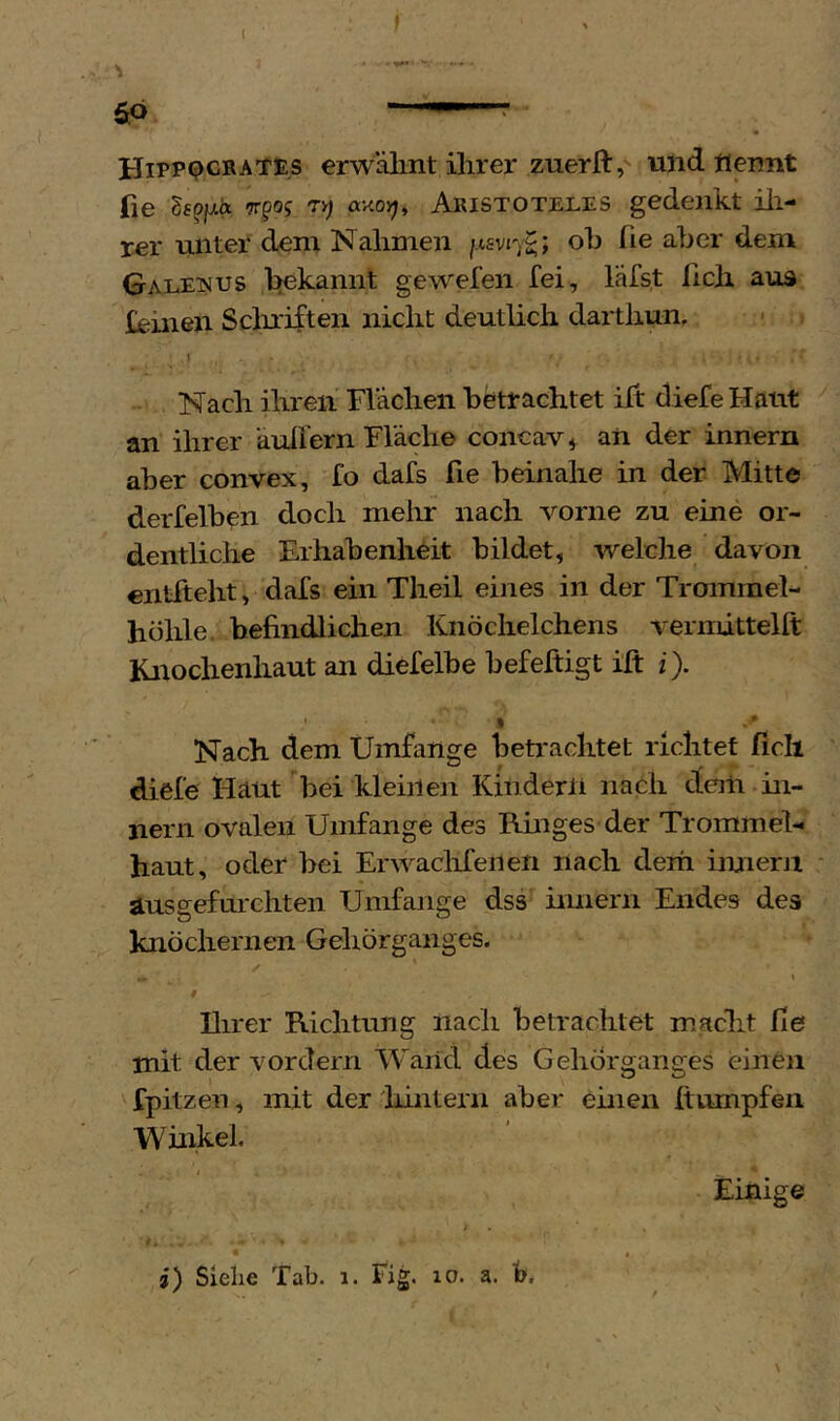 6Ö ~ HiPPQCRATEs erwälint ilirex* zuerft, und flennt fie Sfpjua -Trpoj Ti) aKQij, ARISTOTELES gedenkt ili- rer unter dem Nahmen oh fie aber dem Galeimus l^ekannt gewefen fei, lafst ßch aus feinen Sclu'iften nicht deutlich darthun. I Nach ihren Flächen betrachtet ilt diefeHaut an ihrer auliern Fläche concav^ an der innern aber convex, fo dafs fie beinahe in der Mitte derfelben doch melir nach vorne zu eine or- dentliche Erhabenheit bildet, welche davon cntfteht, dafs ein Theil eines in der Trommel- höhle befindlichen Knöchelchens vermättelft Knochenhaut an diefelbe befeftigt ift i). Nach dem Umfange beti'aclitet richtet ficli diefeHaut bei kleinen Kindern nach cteifl. in- nern ovalen Umfange des Ringes der Trommel- haut, oder bei Erwaclifeiien nach dem imierji ■ äusgefurchten Umfange dss innern Endes des knöchernen Gehörganges. # Ilirer Richtung nach betrachtet macht fie mit der vordem Waiid des Gehörganges einen ^ fpitzen, mit der liintern aber einen ftiimpfen ■Wmkel. i) Siehe Tab. i. Fig. lo. a. fe. Einige