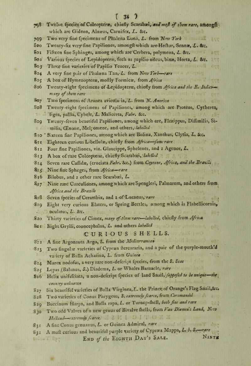 t S4 ') 7^8 Twelve i^ecies'of Colcopte’r*, chiefly Scarab®!,'«««/tliem rare^ amongft which are Gideon, AIo®us, Carnifex, L. &c. 799 Two very fine fpecimens of Phalena Luna, Z. from New York Seo Twenty-fix very -fine Papiliones, amongft which are-He6tor, Senn®, &c. Soi Fifteen fine Sphinges, among which are'Cerbera, polymena, L, ice. 802 Various fpecies of Lepidopterte, fuch as papilio o'fleus, bix®, Horta, L. Sec. 80J Three fine varieties of Papilio Teucer, 'Z. 804 A very fine p:iir of Phal®na Tau,-i. from New Torh^retre 805 ’A box of Hymenopter®, moftly Formic®, from Africa 806 Twenty-eight fpecimens of'Le|3idopter$, chiefly from Africa and the E. Indies^ m any of them rare 807 Two fpecimens of Aranca aviciSlaria, i. from N. America S08 Twenty-eight fpecimens of Papiliones, among which are Proteus, Cytherea, 'ligea, pallia, Cybele, i. Maliccrta, Fair. See. 809 Twenty-feven beautiful Papiliones, among which are, Flexippus, Dlflimilis, Si- mills, (Enone, Melpomene, and others,’-iaiel/ed 810 * Sixteen fine Papiliones, among which are Bolina, Xanthus, Clytia, L. &c« 811 Eighteen curious Libellul®, chiefly from Africa—fame rare 812 Four .fine Papiliones, viz. Glaucippe, Sphelenes, and 2 Agenor, L. 813 A box of Tare Coleopter®, chiefly Scarab®!, 814 Seven rare Caffid®, (cruciata Fabr. See.) from-Cayenne, Africayand the Srazils Nine fine Spheges, from Africa—rare 816 Bilobus, and 2 other rare Scarab®!, L. 8,17 Nine rare Gurculiones, among which areSpengkri, Palmarum, and others from Africa and the Brazils 818 'Seven fpecies of Ceranibix, and z of’Lucanusp'r^rre , ■819 Eight very curious Elaters, or %ring Beetles, among which is Flabellicornis, oculatus, L. See. •,820 Thirty varieties of Cimex, many oftljvm rare—labelled., chiefly from Africa 8c I Eight Grylli, conocephalus, T. ox^c^ers labelled C U R I'O U S SHELL S. 8'2 2 A fine Argonauta Argo, L. from the Mediterranean 823 Two finguhr varieties of Cypr®a ftercoraria, and a pair of the purple-mouth’d va' iety of Bulla Achatina, L. irom Guinea 824 Murox nodofus, a very rare non-defeript fpecies, from the S. Seas 825 Lepas .(Balanus, 5.).Diadema, L. or Whales Barnacle, rare 826 Helix unifafeiata, -a non-defeript fpecies of land S,aj\\,fuj>pnfed to be unique—doe ^ country ttnknoivn S27 Six beautiful varieties of Bulla Virginea,Z.. the Prince of Orange s Flag Snail,&c« 828 I'wo varieties of Conus Phrygeus, S. extremely farce, from Coromandel 829 Buccinum Harpa, and Bulla rapa, L, or Turnep-lhell, both fine and rare .830 Two odd Valves of a new genus of Bivalve fliells, from Fan Diemen’s Land, Nw Flolland—extremely f arce - . a • 831 A fine Conus geniianus, Z. or Guinea Admiral, rare . 832 A moil: curious and beautiful purple variety of Cypr®a Mappa, L. h. S. rare , End of the Eighth Day’s Sat.e. Ninth