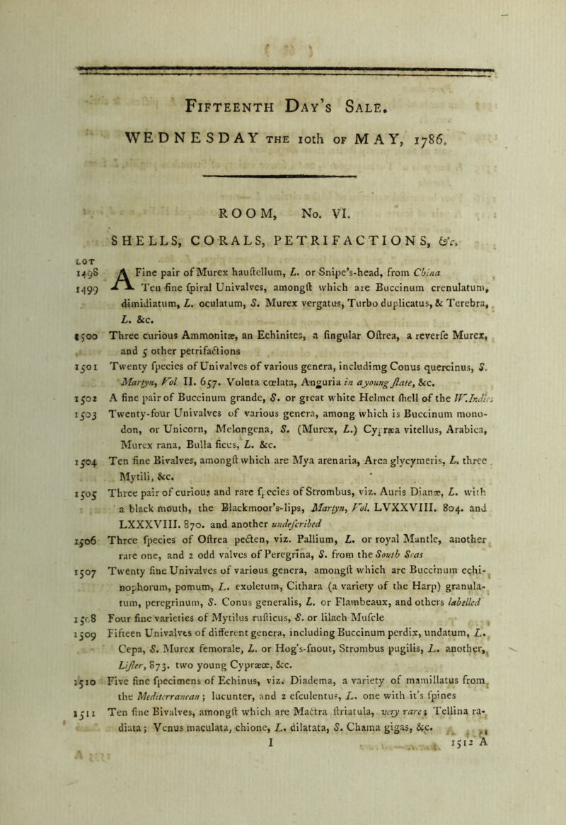 WEDNESDAY the loth of MAY, 1786. LOT 1498 1499 tjoo 1501 1502 1503 150+ 1505 ijo6 1507 1509 1510 1511 ROOM, No. VI. SHELLS, CORALS, PETRIFACTIONS, (sV. A Fine pair ofMurex hauftellum, L. or Snipe’s-head, from China Ten fine fpiral Univalves, amongft which are Buccinum crenulatum, (Umidiatum, L. oculatum, 5. Murex vergatus, Turbo duplicatus,& Terebra, L. &c. Three curious Ammonitae, an Echinites, a fingular Oftrea, a reverfe Murex, and 5 other petrifaflions Twenty fpecies of Univalves of various genera, Includimg Conus quercinus, S. Martyn^ Vol. II. bj’y. Voluta coelata, Anguria in ayoungjlate, &c. A fine pair of Buccinum grande, S. or great white Helmet fliell of the W.IncUci Twenty-four Univalves of various genera, among which is Buccinum mono- don, or Unicorn, Melongena, S. (Murex, L.) Cyprsa vltellus, Arabica, Murex rana. Bulla ficus, L. &c. Ten fine Bivalves, amongft which are Mya arenaria. Area glycymeris, L, three My till, &c. Three pair of curious and rare fpecies ofStrombus, viz. Auris Dianse, L. with a black mouth, the Blackmoor’s-lips, Martyn, /W. LVXXVIII. 804. and LXXXVIII. 870. and another uudeferibed Three fpecies of Oftrea pcdlen, viz. Pallium, L. or royal Mantle, another rare one, and 2 odd valves of PeregrTna, S. from (he South Stas Twenty fine Univalves of various genera, amongft which are Buccinum echi-^ nophorum, pomum, L. exoletum, CIthara (a variety of the Harp) granula- tum, peregrinum, S. Conus generalis, L. or Flambeaux, and others labelled Four fine varieties of Mytilus rufticus, S. or lilach Mufcle Fifteen Univalves of different genera, including Buccinum perdix, undatum, L, Cepa, S. Murex femorale, L. or Hog’s-fnout, Strombus pugilis, L. another,^ Lijler, 873. two young Cyprteoe, &c. Five fine fpecimens of Echinus, viz. Diadema, a variety of mamillatus from^ the Mediterranean lucunter, and 2 efculentus, L, one with it’s fpines Ten fine Bivalves, amongft which are Madtra ftriatula, vety rare\ Telllna ra-^ diata; Venus maculata, chione, L. dilatata, S. Chama gigas, &c. I „ isiVA