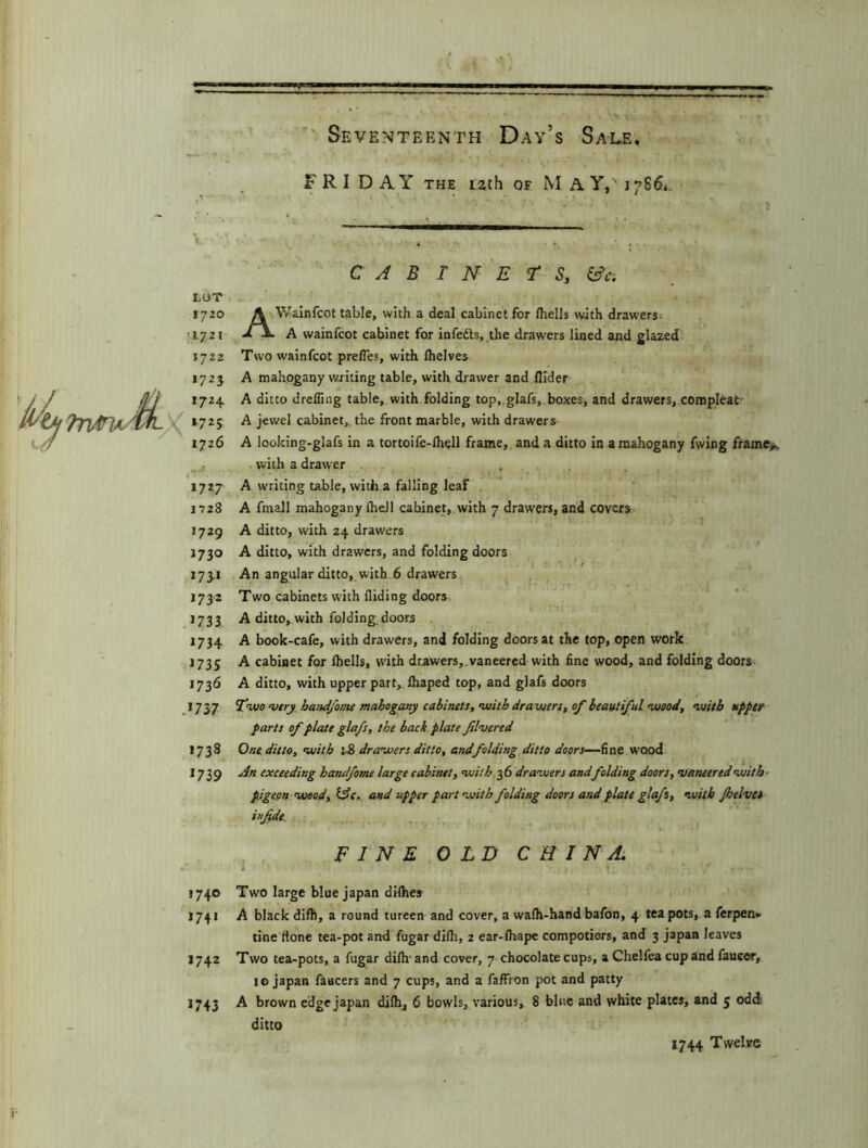 ■' Seventeenth Day’s Sale, F R I DAY THE i2th OF M A Y, 17861. C A B T N E r S, ^c-. AWaInfcot table, with a deal cabinet for fhells with drawers; A wainfcot cabinet for Infedts, the drawers lined and glazed Two wainfcot prefles, with flielves^ A mahogany writing table, with drawer and Aider A ditto drefling table, with folding top,.glafs,.boxes, and drawers,.compleat- A jewel cabinet, the front marble, with drawers- A looking-glafs in a tortoife-Aiell frame, and a ditto in a mahogany fwing frame>^ with a drawer A writing table, with a falling leaf . A fmall mahogany AieJl cabinet, with 7 drawers, and covers A ditto, with 24 drawers A ditto, with drawers, and folding doors An angular ditto, with.6 drawers Two cabinets with Aiding doors A ditto, with folding, doors A book-cafe, with drawers, and folding doors at the top, open work A cabinet for Aiells, with drawers, vaneered with fine wood, and folding doors A ditto, with upper part, Aiaped top, and glafs doors Two very ha>ui/ome mahogany cabinets, •with dravjers, of beautiful nuood, vsitb upper parts of plate glafs, the back plate filvered One. ditto, with drawers ditto, andfolding ditto doors—fine wood An exceeding hand fame large cabinet, with 36 drawers andfolding doors, vaneered with- pigeon wood, (Ac., and upper part with folding doors and plate glafs, with Jhelvet FINE OLD C H I NAi i 1740 Two large blue japan dilhes 1741 A black dift, a round tureen and cover, a waAi-handbafon, 4 teapots, a ferpen* tine ftone tea-pot and fugar diAi, 2 ear-Aiape compotiors, and 3 japan leaves 1742 Two tea-pots, a fugar diflv and cover, 7 chocolate cups, a Chelfea cup and faucor, 10 japan faucers and 7 cups, and a faffron pot and patty 1743 A brown edge japan diAi, 6 bowls, various, 8 bine and white plates, and 5 odd ditto 1744 Twelve Tniru. £ LOT 1720 ! 17 2 I 1722 *725 1724 / *-725 1726 1727 1728 1729 1730 »73-» J73-2 J733 *734 *735 1736 .*737 *738 *739
