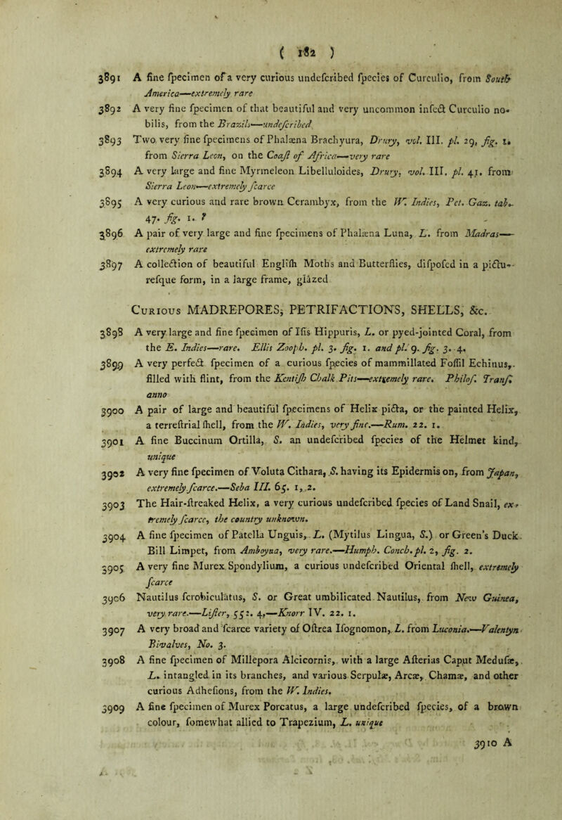 ( ) 3891 A fine fpecimcn of a very curious undefcribed fpecies of Curculio, from Souib^ America—extremely rare 3892 A very fine fpecimen of that beautiful and very uncommon infeiSl Curculio no* bilis, from the Brazlh—unde/crlhctl 3893 Two very finefpecimens of Phalaena Brachyura, Drruy, vcl. III. fl. 29, Jig. i, from Sierra Leon, on the Coajl of Africa—-very rare 3S94 Avery large and fine Myrmeleon Libelluloides, Drury, mol. III, pi. 41. from Sierra Leo?i>—extreme^ fcarce 3895 A very curious and rare brown Cerambyx, from the Imlies, Pet. Gaz, tab*. 47. fg, i. f 3896 A pair of very large and fine fpecimens of Phal^na Luna, L. from Madras— extremely rare 3897 A colledion of beautiful Englifti Moths and Butterflies, difpofed in a piCcu*- refque form, in a large frame, giized Curious MADREPORES^ PETRIFACTIONS, SHELLS, &c. 3898 A very large and fine fpecimen of Ifis Hippuris, L. or pyed-jointed Coral, from the E. Indies—rare, Ellis Zooph. pi. 3. fig. 1. and pi-fig- 3* •4* 389,9 A very perfed fpecimen of a curious fpecies of mammillated Foflil Echinus,. filled with flint, from the KcntiJI Chalk Pits—extuemely rare, Philof, Pranfl anno 3900 A pair of large and beautiful fpecimens of Helix pifta, or the painted Helix, a terreftrial (hell, from the W, Indies, very fine.—Rum, 22, i. 3901 A fine Buccinum Qrtilla, S. an undefcribed fpecies of the Helmet kind, unique 3902 A very fine fpecimen of Voluta CIthara, .S, having its Epidermis on, from Japan, extremely fcarce.—Seba III. 63. i,,2. 3903 The Hair-flreaked Helix, a very curious undefcribed fpecies of Land Snail, ex* tremely fcarce, the country unknown. 3904 A fine fpecimen of Patella Unguis, . Z.. (Mytilus Lingua, S.) or Green’s Duck Bill Limpet, from Amhqyna, very rare.—Humph. Conch,pi. 2, fig. 2, 3905 A very fine Murex Spondylium, a curious undefcribed Oriental lliell, extremely fcarce 3906 Nautilus fcrobicultitus, S. or Great umbilicated Nautilus,, from New Guinea, very rare.—Lificr, 532. ^,—Knorr IV. 22. i. 3907 A very broad and fcarce variety oi Oftrea Ifognomon,.Z, from Luconia.—Valentyn Bivalves, No. 3. 3908 A fine fpecimen of Millepora Alcicornis, with a large Afterias Caput Medufse, L. intangled in its branches, and var ious Serpulse, Arcae, Chamx, and other curious Adhefions, from the IE. Indies. 3909 A fine fpecimen of Murex Porcatus, a large undefcribed fpecies, of a brawn colour, fomewhat allied to Trapezium, L. unique