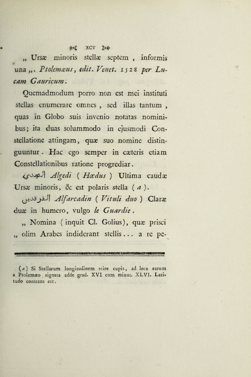 „ Vtsx minoris stellae septem , informis una,,. Ftolem<zuSy edtP, Venet. 1528 per Lu- cam Caurteum. Quemadmodum porro non est mei instituti stellas enumerare omnes , ^ed illas tantum , quas in Globo suis invenio notatas nomini- biis; ita duas solummodo in ejusmodi Con- stellatione attingam, qu^e suo nomine distin- guuntur . Hac ego semper in emeteris etiam Constellationibus ratione progrediar. <^Ovjs3.J| Alge di ( Hoedus ) Ultima caud^ Urs^e minoris, & est polaris stella ( ^ ). Alfarcadin { Vituli duo ) Clara: dua^ in humero, vulgo le Guardie . „ Nomina (inquit Cl. Golius), quie prisci „ olim Arabes indiderant stellis ... a re pe- (ij) si Stellarum longitudinem scire cupis, ad loca earum a Ptolemso signata adde grad. XVI cum minut. XLVI. Lati- tudo constans esr.