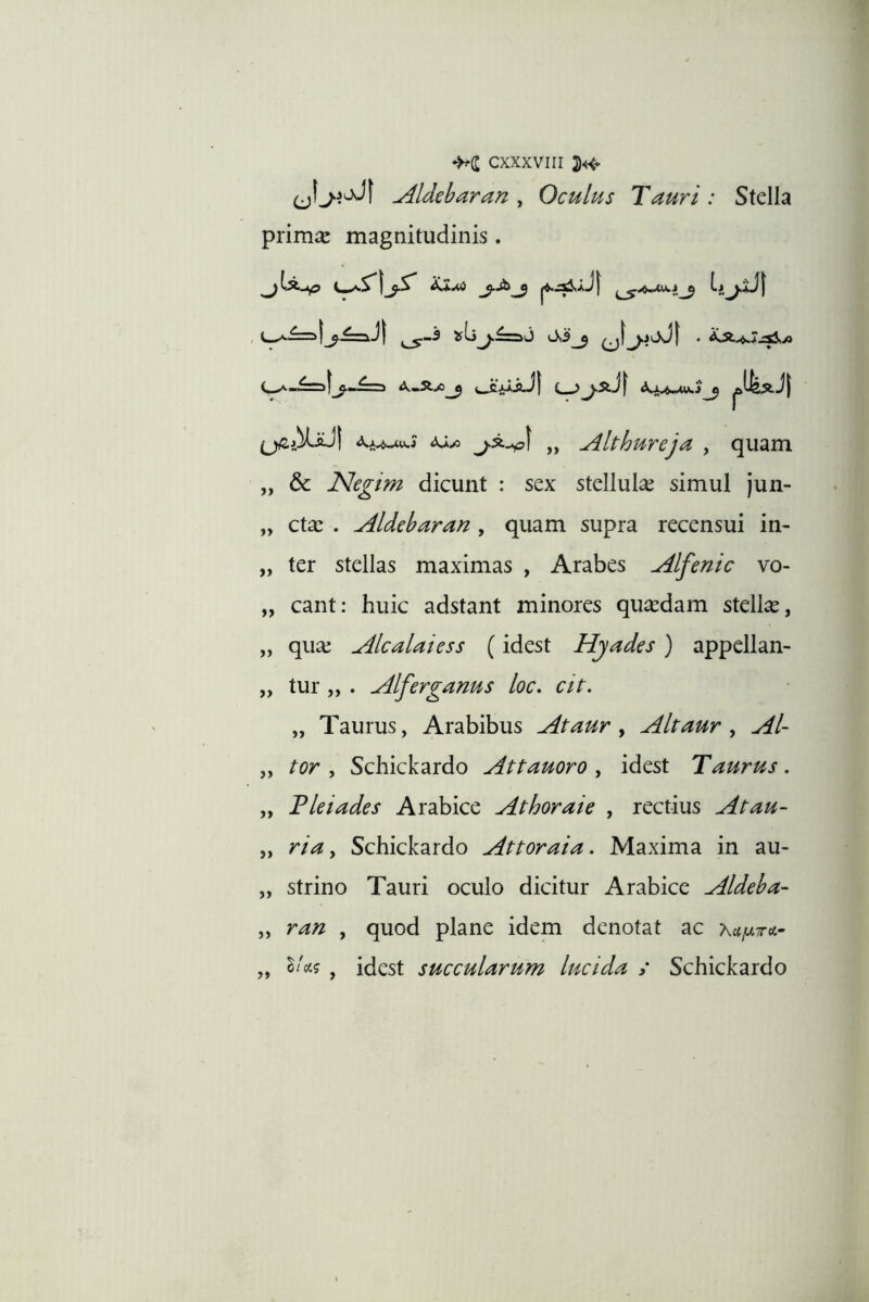 Aldeharan ^ Oculus Tauri: Stella primae magnitudinis. l3 l)s5^ ^ ^ ^x.^i <u>5 j«x^l „ Altbureja , quam „ & Negim dicunt : sex stellulae simul jun- „ ctas . Aldebaran , quam supra recensui in- „ ter stellas maximas , Arabes Alfenic vo- „ eant: huic adstant minores qucedam stellae, „ qua; Alcalaiess (idest Hyades) appellan- „ tur „ . Alferganus loc* cit. „ Taurus, Arabibus Ataur y Altaur y Al- ,, tor y Schickardo Attauoro y idest Taurus, yy Fleiades Arabice Athoraie , rectius Atau- yy riuy Schickardo Attoraia. Maxima in au- „ strino Tauri oculo dicitur Arabice Aldeha- yy ran , quod plane idem denotat ac Xcif^ra- yy y idcst succularum lucida > Schickardo