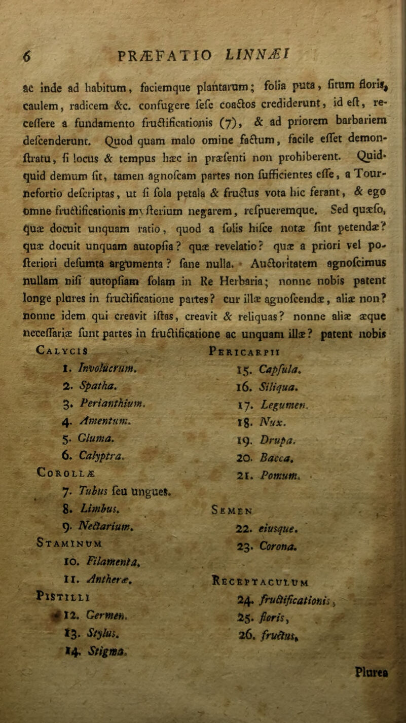 ac Inde ad habitum, faciemque plantaram; folia puta y fitum flori», caulem, radicem &c. confugere fefe coa£los crediderunt, ideft, re- cedere a fundamento fru£lificationis (7), & ad priorem barbariem defeenderunt. Quod quam malo omine fa£tum, facile eflet demon- fli’atu, fi locus & tempus haec in praefenti non prohiberent. Quid- quid demum fit, tamen agnofeam partes non fufficientes effe, a Tour- nefortio deferiptas, ut fi fola petala & fru£lus vota hic ferant, & ego omne fradificatlonis m\ fterium negarem, refpueremque. Sed quacfo, qu3E docuit unquam ratio, quod a folis hifce notae fint petend*^ quae docuit unquam autopfia? quae revelatio? quae a priori vel po- fteriori defumta argumenta ? fane nulla. • Au£loiitatem agnofeimus nullam nifi autopfiam folam iji Re Herbaria; nonne nobis patent longe plores in frucllficatipne partes? cur illae ^nofeendae, alise non? nonne idem qui creavit iftas, creavit & reliquas? nonne aliae aeque neceffarlae funt partes in fruclificatione ac unquam ili® ? patent nobis Calycis 1. ImoliicTum. 2. Spatha. 3. Perianthium. 4. Amentum. 5. Gluma. 6. Calyptra. CoROLLiS 7. Tuhus feu ungues. 8. Limbus. 9. Nedtariam. Staminuw 10. Filamenta. 11. Anthera. Pistilli ^12. Germen, 13. Stylus, 14, Stigma. Pericarpii 15. Capfula, 16. Siliqua. 17. Legumen. l8* Nux. 19. Drupa. 20. Bacca, 21. Pomum. Semen 22. eiusque. 23. Corona. Receptaculum 24. fru^ificationis, 25. floris y . ^ 26. fructuSy . i PlufcB