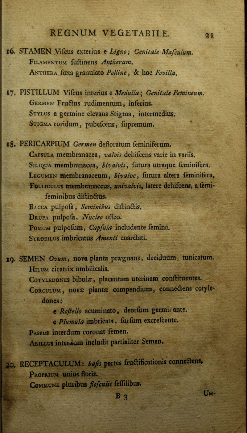 I l6. STAMEN .Vifcus exterius e Ligno; Genitale Mafculum. Filamentum fuftinens Antheram, Anthera feta granulato Polline ^ & hoc Favilla^ 17» PISTILLUM Vifcus interius e Medulla; Genitale Femineum^ Germen Fruftus rudimentum, inferius. Stylus a germine elevans Stigma, intermedius. Stigma roridum, pubefeens, fupremum. I 18* PERICARPIUM Germen defloratum feminiferum. Capsula membranacea, valvis dehifcens varie in variis. SiLiquA membranacea, bivalvis, futura utraque feminifera. Legumen membranaceum, bivalve^ futura altera feminifera. Folliculus membranaceus, univalvis^ latere dehifcens, a femi- feminibus diflindlns. Bacca pulpofa. Seminibus diftin£lis. Drupa pulpofa, Nucleo oflfeo. Pomum pulpofum, Capfula includente femina. Strobilus imbricatus Amenti coarclati. ig. SEMEN Ovum, nova planta praegnans, deciduum, tunicatum. Hilum cicatrix umbilicalis. Cotyledones bibulae, placentam uterinam conftituenres. Corculum, novae plantae compendium, conneftens cotyle* dones e Rojtello acuminato, deorfum germii ante. € Plumula imbricata, furfum excrefeente. Pappus interdum coronat femen. Arillus interdum includit partialiter Semen, 4P. RECEPTACULUM: bafis paites fniaificationls conneaens» Proprium unius floris. A.. Commune plur ibus flofeulis feflilibus. B3 Um-