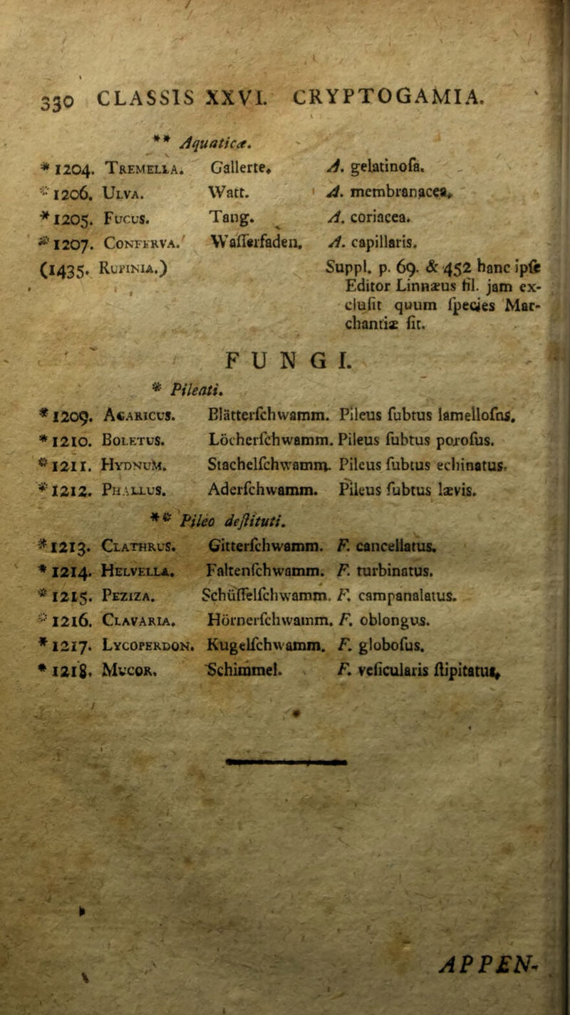 / 330 CLASSIS XXVI. CRYPTOGAMIA. ** Aquatica. * 1204. Tremelia. Gallerte, *I206. Ulva. *I205. Fucus. ^'1207. Conferva.' (1435* RuriNiA.) Watt. Tang. ^ VValTwfadeu, A. gelatlnofa. , , A. membranacea^. A. coriacea. A. capillaris. Suppi, p. 69. «Sc 452 hanc ipijs Editor Linnseus HI. jam ex- ciuiit quum fpecjes Mac- chandz Ht. F U N G * Pileati. *I209. Acaricus. Blattcrfchwamm. * 1210. Boletus. Locherfchwamm. ^1211. FlYDNu^t. Stachelfchvramnv *'I2i2. Phallus. Aderfchwamm. Pileo defiituti. ^1213. Clathrus. Gitterfchwamm. ♦ 1214. Helvella. Faltenfchwamm. * ^ 1215. Peziza. SchuITelfchwamm. I2i6. Clavaria. Hornerfchwamm. ^1217. Lycoperdon. Kugelfchwamm. • 1218» Mvcor. ^chimmcl. 1. Pileus fubtus lamellofns. Pileus fubtus poiofus. Pileus fubtus echinatus. Pileus fubtus Ixvis. F, cancellatus. F. turbinatus. F, campanalatus. F. oblongos. F. globofus. F. velicularis llipitatui» a , APFEN- I