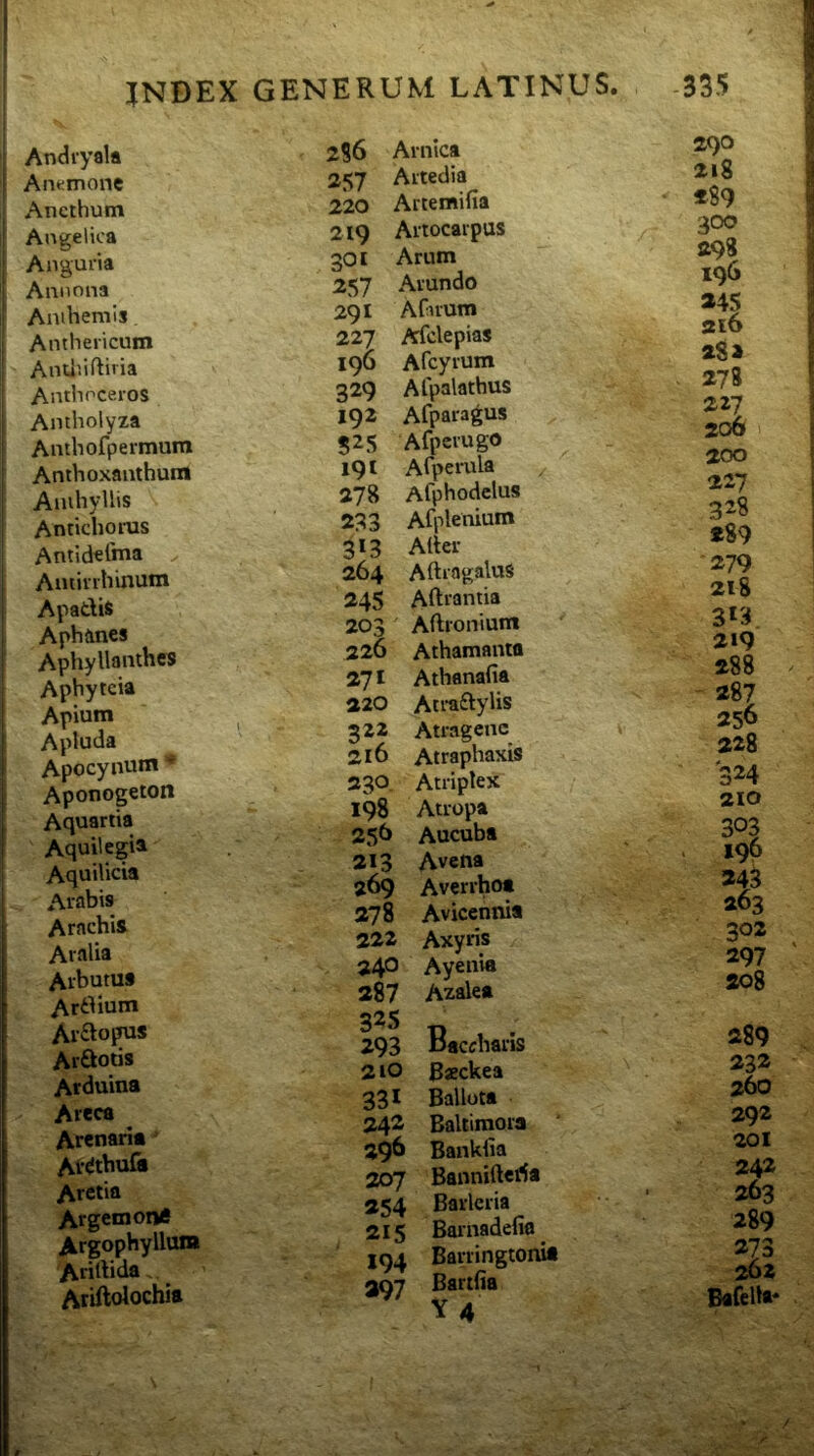 Andvyala Anemone Anethum Angelica Angueia Annona Anihemls Anthelicum AnUiiftiria Anthoceios Antholyza Anthofpermum Anthoxanthum Aaihyllis Antichoras Antidelina Amiirhinum Apadis Aphanes Aphyllanthes Aphyteia Apium Apluda Apocynuni Aponogeton Aquartia Aquilegia Aquilicia Arabis Arachis Aralia Arbutus Ardium Ardopus Ardoris Arduina Areca ^ Arenaria Ar^thufa Aretia Argemon® Argophylluni Arirtida, Ariftolochis 256 Arnica 257 Artedia 220 Artemifia 219 Artocarpus 301 Arum 257 Arundo 291 ACnum 227 Afclepias 196 Afcyrum 329 Alpalathus 192 Afparagus 525 Afpcrugo 191 Afperula 278 Afphodclus 2;? 3 Afplenium 313 Alter 264 AftragaluS 245 Aftrantia 203 Aftronium 226 Athamanta 271 Athanafia 220 Atradylis 322 Atragcnc 216 Atraphaxis 230. Atriplex 198 Atropa 25^> Aucuba 213 Avena 269 Averrhot 278 Avicennia 222 Axyris 240 Ayenia 287 Azalea 293 Baccharis 2 lO 3£ckea 331 Ballota 242 Baltimora 29^ Banklia 207 Bannifteria 254 Barlcria 215 Barnadefia 194 Barringtoma 397 Bartria 290 218 *89 300 298 196 »45 216 28» 278 227 206 200 227 328 *89 279 218 219 288 287 256 228 '324 210 303 196 302 297 208 289 232 260 292 201 242 263 289 273 202 Bafella*