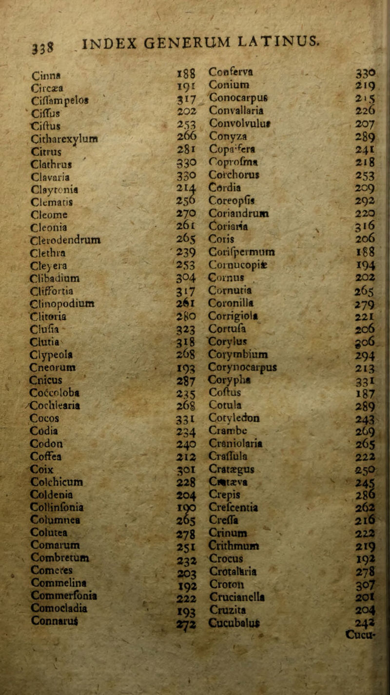Cijina i88 Conferva 330 Circsea 191 Conium 219 Cinampelot 3*7 'Conocarpus 2iS ‘ CiflTus 202 Convallaria 226 Ciftus 253 Convolvulu# 207 Citharcxylum Citrus 2^ Conyza 289 281 Copa’fert 241 Clathfus 330 Coprofma 2lg Clavaria 330 Coichorus 253 Clayrcnia 214 Cordia 2C9 Clematis 250 Coreopds 292 Cleome 270 Coriandrum 220 Cleonia 261 Cioriatia ^ 316 Clero dendrum 265 Coris 206 Clethra '239 Corirpermum 188 Cie) era 253 Cornucopiie 194 Clibadium 304 Cornus • 202 Cliffbrtia 3‘7 Cornutia 265 Clinopodium 261 Coronilla 279 Clitoria 280 Corrigiola 221 Clufia - 323 Cortufa 206 Clutia 3*8 'Corylus 306 Clypeola 268 Covymbium 294 Cneorum • 193 Corynocarpus 213 Cnicus 287 Coryplui 33* Co^colobt 235 Coftus 187 /Cochlearia 268 Cotula 289 Cocos 33* Cotyledon 243 Codia 234 Crambe 269 Codon 240 Craniolaria 265 Coffea 212 CralTula 222 Coix 301 Crataegus 250 Colchicum 228 Cmtsva 245 Coldenia 204 190 Crepis 286 Collinfonia Crefeentia 262 Columnea 265 Crefla 216 Colutea 278 Crinum ^ ' 222 Comarum 25* Crithmum 219 Combretum 232 Crocus 192 Cometes 203 Crotaltiria 278 Commelina 192 Croton 307 Commerfbnia 222 Crucianclla 201 Comocladia *93 Cruzita 204 Connarui 272 Cucubalut 242 Cuca- t