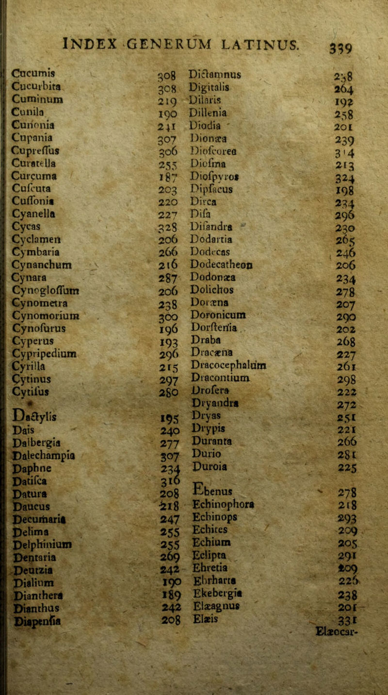 399 1 Cucurbita I Cuminum ; Cunila ! Curionia ! Cupania { Cupreflus ! Curate lia 1 Curpuma ■ Cufouta i Cuflbnia i Cyanella ! Cycas i Cyclamen Cymbaria Cynanchum Cynara Cyncgloflum Cynometra Cynomoriura Cynofurus Cypeius Cypripedium Cyrilla Cytinus Cytilus '« Daflylis Dais Dalbergia X)alechampia Daphne Datifca Datura Daucus Decufharia Delima Delphinium Dentaria Dentzia Ditlium Dianthera Dianthas Diapcn^a 308 Diclamnus 238 308 Digitalis 264 219 Dilaris 192 190 Dillenia 258 241 Diodia ' 201 307 Dionara 239 306 Diofcorea 3'4 255 Diofma 213 187 Diofpyroi 324 203 Dipfacus 198 220 Dirca 234 227 Dila 296 328 Diiandra 230 206 Dodartia 265 266 Dodccas ; 246 216 Dodecatheon 206 287 Dodonata 234 206 Dolichos 278 238 Dorcena 207 300 Doronicura 290 196 Dorfleida 202 193 Draba 268 296 Dracarna X 227 215 Dracocephalum 261 297 Dracontium 298 280 Drofera 222 Dryandra 272 *9.‘? Dryas 251 240 Drypis 221 277 Duranta 266 S07 Durio 281 234 Duroia 225 316 208 Ebenus ^ 278 ii8 Echinophora 2t8 247 Ecbinops 293 255 Echices 209 255 Echium 20$ 269 Eclipta 291 242 Ehretia to9 190 Ehrharta 226^ 189 Ekebergia 238 242 Elatagnus 20 E 208 Elxis 331 Elsocar-