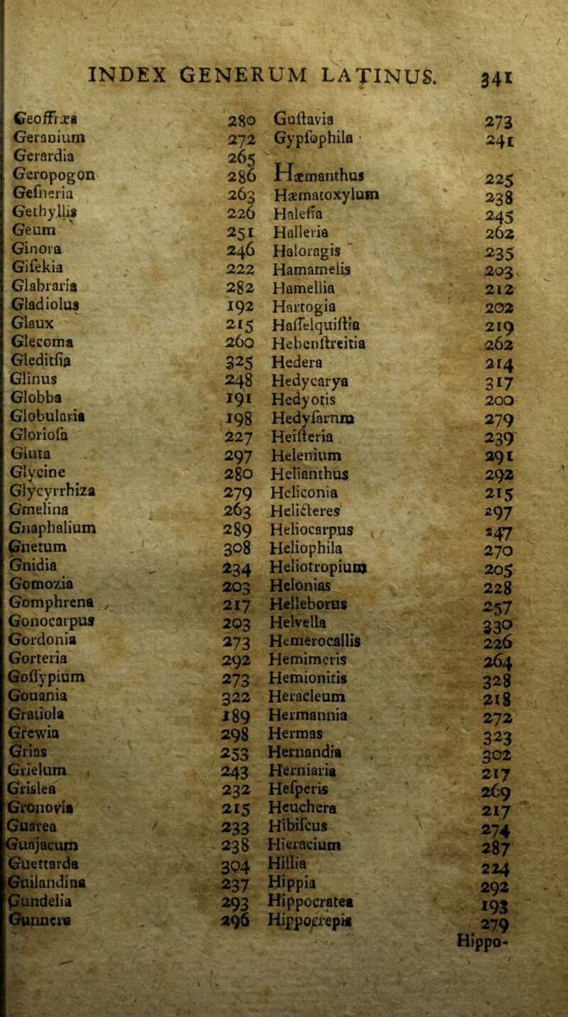 1 CeofFrxa 280 Guftavia 273 ■ GeraDium Gerardia 272 265 Gypfophila • 24t Geropogon 2g6 Hamanthus 225 Gefneiia 263 Hasmacoxylum 238 1 Gethyllis 226 Halefra 245 Geum 251 Holleria 262 Ginoia 246 Haloragis ' 235 Gifekia 222 Hamamelis 203 Glabraria 282 Hamellia 212 Gladiolus 192 Hartogia 202 Glaux 215 HafTelquillia 219 Glecoma 260 Hebcnftreitia 262 Gleditfia 325 Hedera 214 Glinus 248 Hedycarya 317 Globba I91 Hedyotis 200 Globularia 198 Hedyfarnm 279 Gloriofa 227 Heifteria 239 GUua 297 Helenium 291 Glycine 280 Helianthus 292 Glycyrrhiza 279 Heliconia 215 Gmelina 263 Heli£teres 297 Gjiaphalium 289 Heliocarpus 247 Gnetum 308 Heliophila 270 Gnidia 234 Heliotropiunj 205 Gomozia 203 Helonias 228 Gomphrcna , 217 Helleborus 257 Gonocarpus 203 Helvella 339 Gordonia 273 Hemerocallis 226 Gorteria 292 Hemimeris 264 Goflypium 273 Hemionitis 328 Gouania 322 Heracleum 218 Graiiola 189 Hermannia 272 Grwia 298 Hermas 323 Grias 253 Hernandia 392 Grielum 243 Herniaria 217 Grislea 232 Hefpcris 269 Gronovia 215 Heuchera 217 Guarea 233 Hibifeus i 274 Guftjacum 238 Hieracium 287 Guettarda 394 Hillia 224 iGuilandina 237 Hippia 292 pundelia 293 Hippocratet *93 Gunucna 296 Hippo^repig . 279 Hippo-