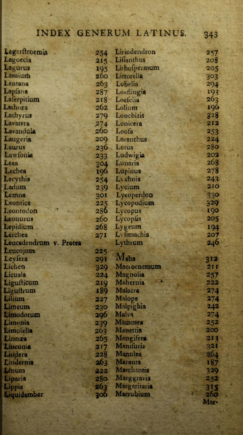 i&gevftroemia 2S4 Lflgoecia 215 Lagurus 195 Lamiuih 260 Lantana 263 Lapfaiia 287 Laferpitium 218 Lathixa 262 Lathyius 279 Lavatera 274 Lavaiiduk 260 Laugeria 209 Laurus 236 Lawfonia 233 Le«a 304 Lechea 196 Lecythis 254 Ledum 239 Lemna 301 Leontice 225 Leontodon * 286 Leonurus 260 Lepidium 268 Lerchea Leucadcndrum v. Protea 271 Leucojum 225 Lcylcra 291 Lichen 329 Licuaia 224 Liguflicum 219 Ligulh-um 189 Lilium 227 Limeum 230 Limodorum 296 Limonia 239 Limolella 263 Linnza 265 Liiiconia 217 Lin^era 228 Lindernia 263 iduum 222 Liparia 280 Lippia 263 Li^uldambar 306 Liriodendron 257 Lifiaiithus 208 Liihofpermum 205 Lirtorclla 303 Lobelia 294 Loeflingia 193 Loelelia 263 Lolium 196 Lonchitis 328 Loniccia ' 212 Loofa 253 Loronthus. 224 Lotus 280 Ludwigia 202 Lunaria 268 Lupinus 278 L\ chnis 243^ Lycium 210 Lycoperdoi? 330 Lycopodium 329 Lycopus ~ 190 Lycopfis 205 Lygeum 194 L\ iimachia 207 Lythrum 246 Maba 312 Mociocnemum 211 Magnolia 257 Mahernia * 222 Malacra 274 Malope 274 Malpighia 242 Malva 274 Mammea 252 Manettia 200 Mangifera 213 Manifuris 321 Manulea 264 Maranta 187 Marjchantia 329 Marggravia 252 Margnritaria 315 Marrubium • 266 Mar‘