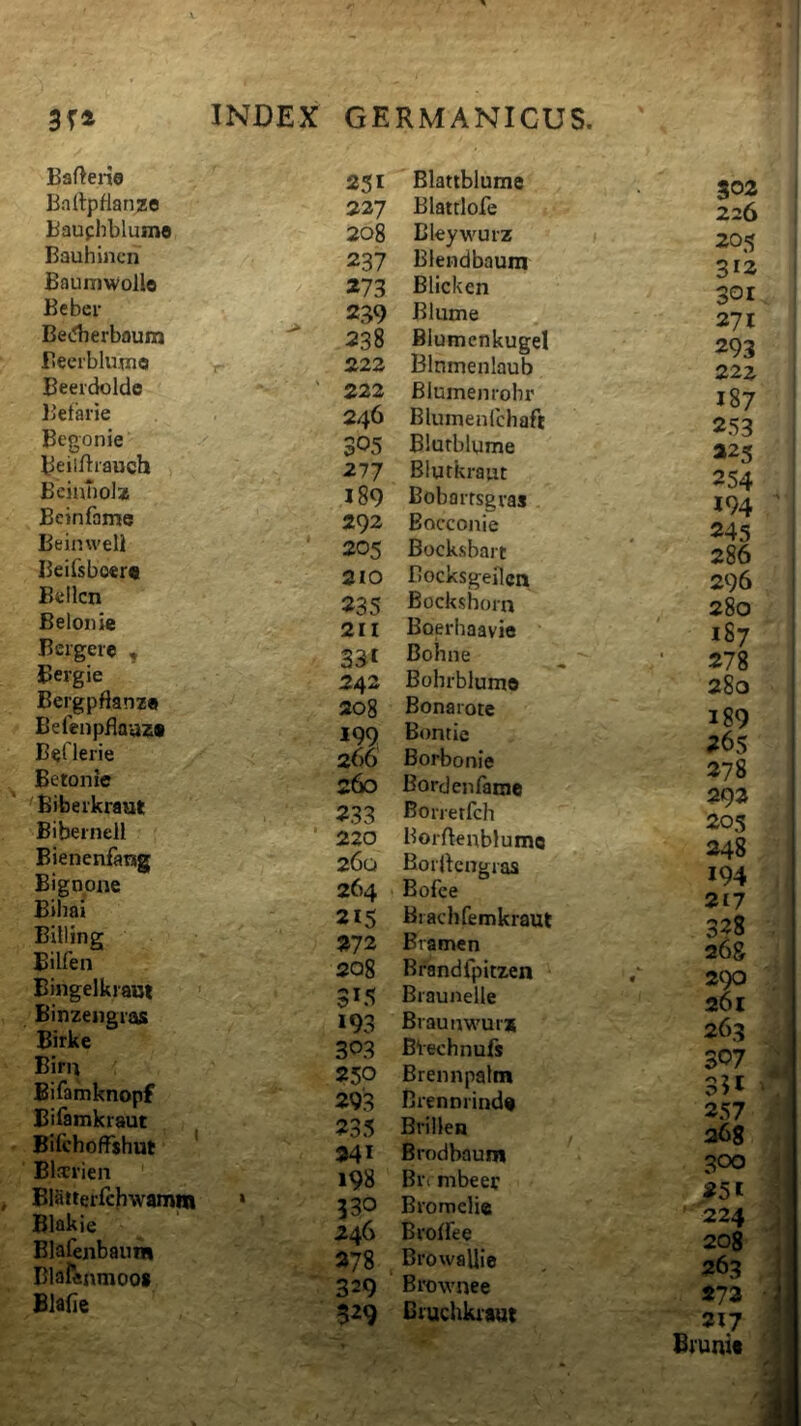 Bafterie Bnitpfianze Bauphblumo Bauhincn Baumwollo Beber BeiJberbflum Beerblurno Beerdolde Betarie Begonie Beiiftrauch BeinTiol* Bcinfame Beinweli Beifsboerc Bellcn Belonie Bcrgere , Bergie Bergpflanz* Befenpflaaz» B^flerie Betonie Biberkraut Bibeinell Bienenfang Bignpne Bihai BUUng Eilfen Bingelkraut ' Binzengras Birke Bini Biramknopf Bifamkraut Bifchoffshut ' Blacrien BlStterfcbwamm * Blakie Blafenbanm Blafanmoo* Blabe 251 Blattblume 227 Blattlofe 208 Bkywurz 237 Blendbaura 273 Blicken 239 Blutne 238 Blumenkugel 222 Blnmenlaub 222 Blumenrohr 246 Blumenfchaft 305 Blurblume 277 Blutkraut 189 Bobarrsgvas 292 Eocconie 205 Bocksbart 210 BocksgeHcn 235 Bockshorn 211 Boerhaavie 331 Bohne 242 Bohrblumo 208 Bonarotc 199 Bontie 266 Borbonie 260 Bordeiifame 233 Borretfch 220 Borftenblumo 260 Boirtcngras 264 Bofee 215 Biachfemkraut 274 Bramen 208 Brandfpitzen 315 Braunelle 193 Brauawurx 303 Blechnufs 250 Brennpalm 293 Brennrindt 235 Briben 241 Brodbaum 198 Brrmbeer 330 Bromelie 246 Broiree 278 Browallie 32Q Brownee 529 Cruchkijwt 502 226 205 S12 301- 271 293 22Z 187 253 425 254 194 ' 245 286 296 , 280 ^ 187 278 . 280 ■. 189 265 . 278 292 205 248 194 217 328 . 26g 290 261 263 307 351 257 268 300 251 ’ 224 208 i 263 I 273 217 Bvunit