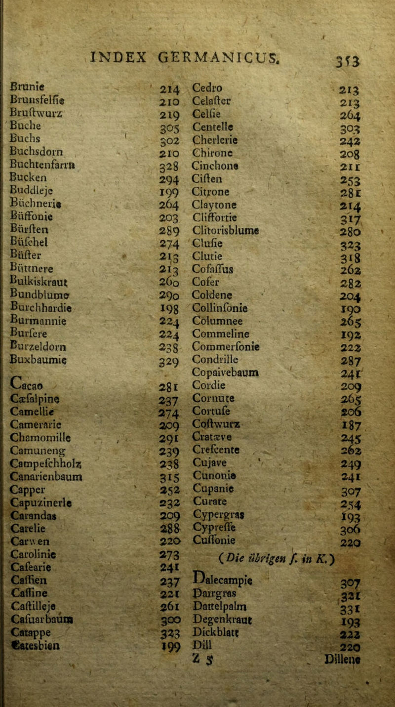 INDEX GERMANICUS. 313 Brunie 214 Brunsfelfie 210 Bruftwuvz 219 Buche , 305 Buchs 302 Buchsdorn 210 Buchtenfarm 328 Bucken 294 Buddleje 199 Buchneiit 264 BufFonie 203 Biirften 289 Bufcbel 274 Biifter 213 Biittnere 1 Bulkiskraut 260 Bundblumo 290 Burchhardie 198 1 Burmannie 224 Buifere 224 Burzeldorn 238 1 Buxbaumie 329 Cacao 281 Caefalpine 237 Camelli* 274 Cameiaiie 209 Chamomille , 291 Camuneng 239 Campefchhol^ 238 Canarienbaum 315 Capper ' ,• 252 Capuzinerle 232 Carandaa 209 Caielie 283 Car w en 220 Carolinic 273 Cafearie 241 Caflien 237 CalTine 22C Caftillcjfl ^ 261 Caruarbaucn 300 Catappe 323 €atesbiin i99 Cedro 213 Celaflcr 213 Celfie 264 Centclle 303 Cherlerie 242 Chirone 208 Cinchona 211 Ciften 253 Citrone 281 Claytone 214 CHffortie 317 Clito risbiume 280 Clufie 323 Clutie 318 Cofaflus 262 Cofer 282 Coldene 204 Collinfonie 190 Columnee 265 Commeline 192 Commerfonic 222 Condrille 287 Copaivebaum 24 r Cordie 209 Cornute 265 Cortufe 206 Coftwurz 187 Cratieve 245 Crefcente 262 Cujave ' 249 Cunoni» 241 Cupanie 307 Curate 2.'?4 Cypergra» i93 Cyprefle 306 Cuflbnie 220 ( Die iiMge» f. in K.) Dalecampie 307 pairgras 331 Dattelpaim 331 Degenkraut 193 Dickblatt 222 DiU 220 2 $ . Dillen*