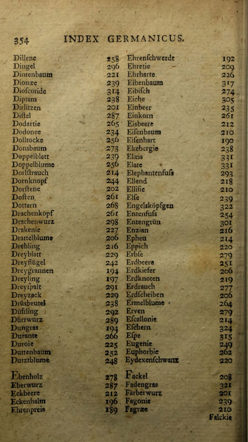 Dillene *58 t Ehrenfchwerdt 192 Dingcl 296 Ehretie - 209 Dimenbaum 221 Ehihaite 226 Dionaee 239 Eibenbaum 3^7 Dibfcoiide 314 Eibifch 274 . Diptam 238 EicHe ’ 305 Dirlitzen 201 Einbeer 235 Didel 287 Einkorn' ^ 25r Dodartle 265 Eisbeere 212 Dodonee 234 Elfenbaum 210 Dolltockc 256 Eifenhait 190 Donsbaum 273 Ekcbcigie 238 Doppelblatt 239 Elaeis 331 , Doppelblume 256 Elate • 331 Doilftrauch , 214 Elephante nfuli 293 Dornknopf 244 Ellend 218 Dorftene 202 ElHfie 210 ^ Doften • • 261 Elfe 239 * Doitem 268 Engelskopfgcn 322 Drachenkopf 261 Entenfuls 254 Drachenwurz 298 Entengiiin 301 Drakenie 227 Enzian 216 ^ Diattelblume 206 Epheu 214 Diebling 216 Eppich 220 Dieyblatt 229 Erbfe 279 ; Dreyfliigel 242 Eidbeere Dreygrannen 194 Erdkiefer 2061 219 ■' Dreyling 197 Erdknoten Drcy-rpalt 291 Erdrauch 277 %' Dreyzack 229 Erdfcheiben 206 1 Diusbeutel 238 Ermelblume • 264 1 Dufding 292 Eiven 279 i Dlinwurz 289 Efcallonie. 2 »4 < Dungias Durante 194 2^ Efchern Efpe 324 ^ S15 Duroie 225 Eugenie 249 ' 262 . Duttenbaum 252 Euphorbie Dutztblume 248 Eydcxenfchwan* 220 Ebenholz 278 Fackel 208 ] Eberwurz 287 Fadengras 321 Eckbeere 212 FarbcVwurz 201 1 Eckenhalm 196 Fagonte 239 ll Ehrenpreis 189 Fagrze 210 y Fakkic il