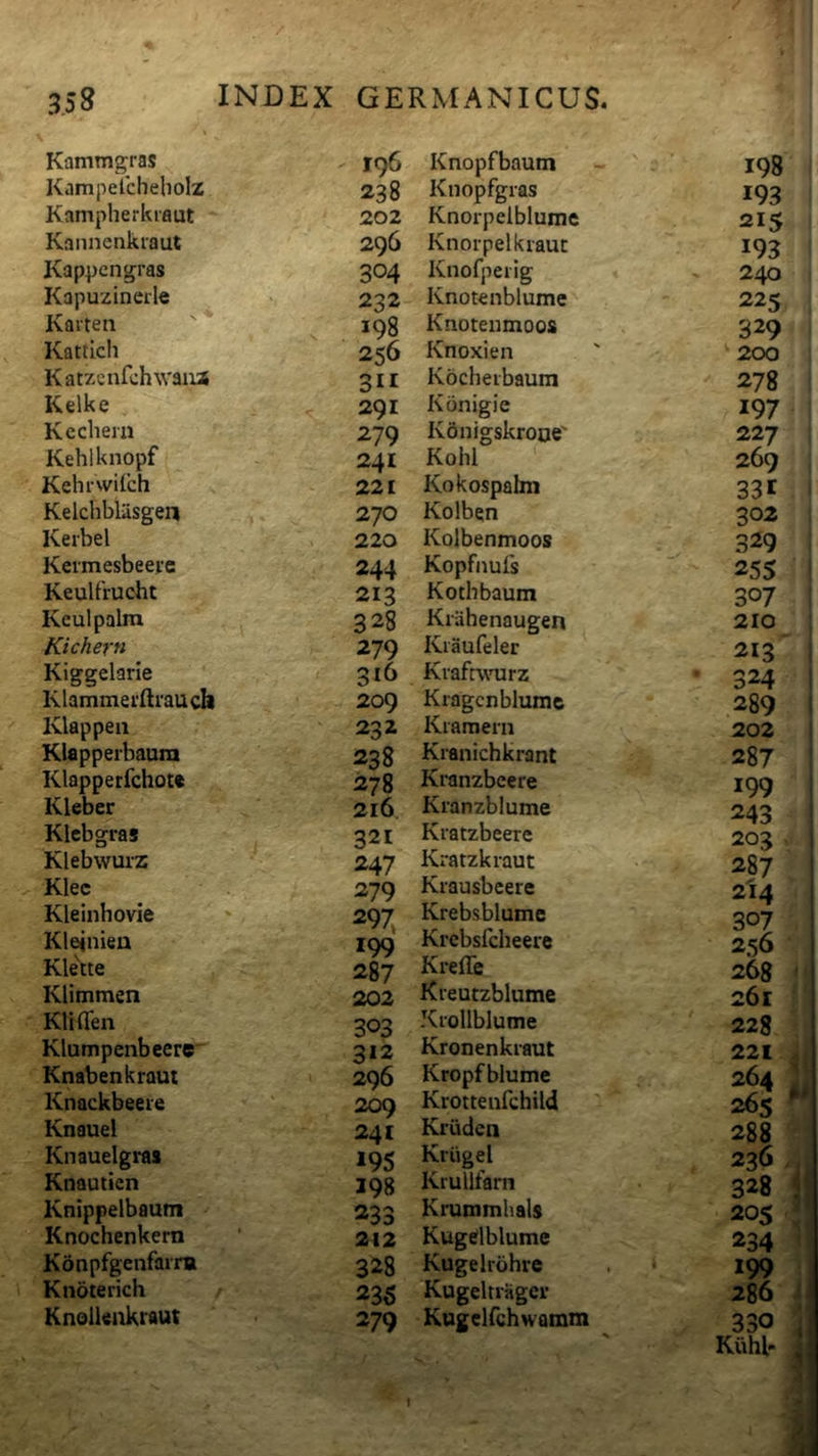 Kammg-ras Kampelchebolz Kampherkraut Kannenkraut Kappengras Kapuzineile Kaiten Kattlch Katzcnfchwaiia Kelke Kccliern Kehlknopf Kehrwilch Kelchblasgea Kerbel Keimesbeeve Keulfrucht Keulpalm Kichern Kiggelarle Klammerftrauch Klappea Klapperbaura Klapperfchote Kleber Klcbgras Klebwurz Klec Kleinhovie Klejnieu Kle\te Klimmen Kliflen Klumpenbeere Knabenkraui Knackbeeie Knauel Kiiaueigras Knautien Knippelbaum Knochenkern Konpfgenfaim Knoterich KnolUiikraut 196 Knopfbautn 238 Knopfgras 202 Knorpelblume 296 Knorpelkrauc 304 Knofpeiig 232 Knotenblume 193 Knotenmoos 256 Knoxien 311 Kocheibaum 291 Konigie 279 Konigskroae' 241 Kohl 221 Kokospaim 270 Kolbqn 220 Kolbenmoos 244 Kopfiiufs 213 Kothbaum 3 28 Kiahenaugen 279 Kiaufeler 316 Kiaftwoirz 209 Kragcnblumc 232 Kraraern 238 Kranichkrant 278 Kianzbeere 216 Kranzblume 321 Kratzbeere 247 Kratzkraut 279 Kiausbcere 297 Krebsblume 190 Krebsfclieere 287 Kreffe 202 Rieutzblume 303 Kiollblume 312 Kronenkiaut 296 Kropfblume 209 Krotteufchild 241 Kriiden 195 Kiugel 198 Krullfarn 233 Kruminhals 212 Kugdblume 328 Kugelrohre 235 Kugeltragcr 279 Kugclfchwamm 198 ' 193 215 193 240 225 329 200 278 197 227 269 331 , 302 329 255 ' 307 210 213' I 324 I 289 202
