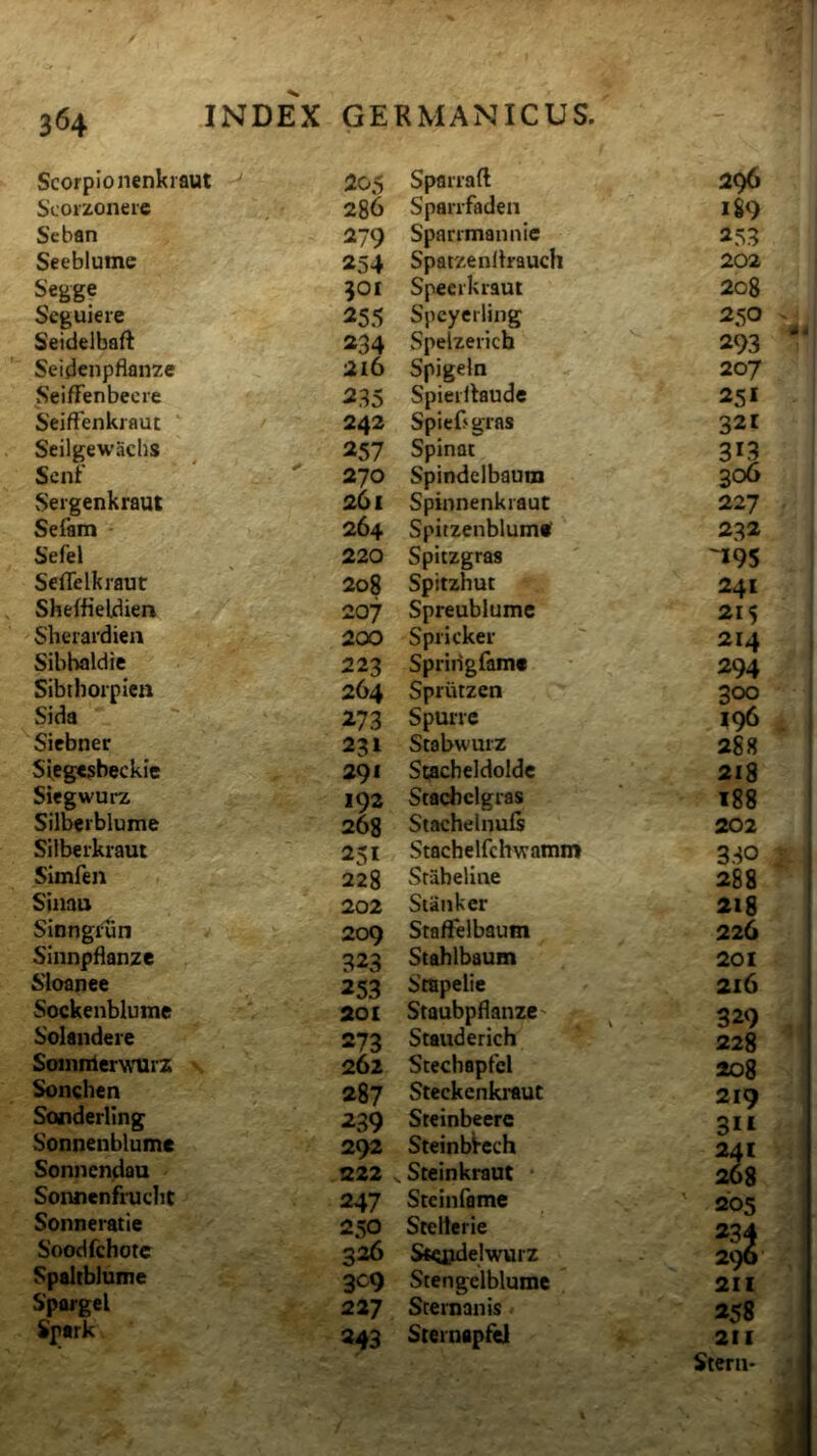 Scorpio nenkraut 205 Scorzoneie , - 286 Scban 279 Seeblumc 254 Segge 501 Seguiere 255 Seidelbafl 234 Seidenpflan7e 2l6 Seiffenbecre 235 SeifFenkraut ‘ 242 Seilgewachs ^ 257 Senf  270 Sergenkraut 261 Sefam 264 Sefel 220 Seflelkraut 208 SheffieWien 207 Sherardien 200 Sibbaldie 223 Sibthorplen 264 Sida  273 Siebner 231 Slegtsbeckie 291 Siegwui-z / 192 Silberblume 268 Silberkraut ‘ 251 Simfen . 228 Sinau 202 Sinngrun / 209 SInnpflanze 323 Sloanee 253 Sockenblume * aoi Solandere 273 Soinnlerwurz 262 Sonchen 287 Sonderling 239 Sonnenblumc 292 Sonnendau 222 Sonnenfi-uclit 247 Sonneratie 25O Soodfchote 326 Spaltblume 309 Sporgel 227 Sptrk 2^3 Spanaft 296 Sparrfaden 189 Spari mannie 253 Spatzenlhauch 202 Speerkraut 208 Speyerling 250 Spelzerich 293 Spigeln 207 SpieiUaudc 25* SpieC‘gias 32 r Spinat 313 Spindelbaum 306 Spinnenkraut 227 Spitzenblum* 232 Spitzgras '*95 Spitzhut 241 Spreublume 215 Spricker 214 Spriiigfame 294 Spriitzen 300 Spune 196 Scabwurz 288 Stjacheldoldc 218 Stachclgras 188 Stachelnufi 202 Stachelfchvramm 330 Sraheline 288 Siaiiker 218 Staffelbaum 226 Stahlbaum 201 Stapelie 216 StaubpflanzC' 329 Stauderich 228 Stechapfel 208 Steckcnkrauc 219 Steinbeerc 3** SteinbVech 241 Steinkraut 208 Steinfame ' 205 SteHerie 234 Sm^elwurz 296 Stengelblumc 2II Scernanis < 258 Sceraapfd 2II Stern-