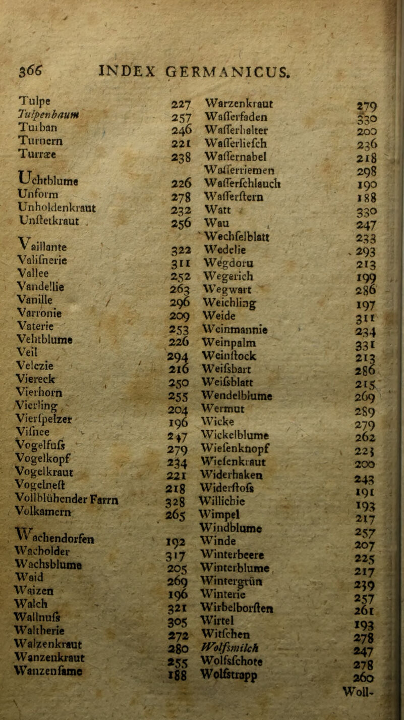 Tulpe Tulpenbaum Tuiban Tiirnern Turrace Uchtblume Unfoim Unholdenkraut Unftetkraut , Vaillante ' Vaiifnerie Vallee Vandellie Vanille / VaiTonie Vaterie Velublume Veii Velezie Viereck Vierhom Viciling Vierfpelzer Vifiiee V Vogelfufs Vogelkopf Vogelkraut Vogelneft Vollbliihender Farm Volkamem achendorfen Wacbolder Wachsblume Waid Waizen Walch Wallnufi Waltberie Walzenkraut Wanzeiikraut Wanzenfame 227 Warzcnkraut 257 Waflerfadcn 246 WafTerb alter 221 Waflerliefch 238 Warternabel Wairerriemen 226 WalTerfchlauch 278 Waflerftern 232 Watt 256 Wau ' Wechfelblati 322 W^clie 3II Wegdoru 252 Wegerich 263 Wegwait 296 Weichling 209 Weide 253 Weintnannie 226 Weinpalm 294 Weinltock 216 Weifsbart 250 Weifiblatt 255 Wendelblume 204 Wermut 196 Wicke 2 »7 Wickelblume 279 Wielenknopf 234 Wiefenkiaut 221 Widerhaken 218 Widerftols 328 Willicbie 265 Wimpel Windblume 192 Winde 3'7 Winterbeere 205 Winterblume 269 Wintergrun 196 Winterie 321 Wirbelborftcn 305 Wirtel 272 Witfchen 280 fVolfimilch 255 Woifsfchote 188 Wolfstrapp 279 330 200 236 218 298 190 188 330 247 233 ^293 213 199 286 197 311 234 331 213 286 215 2C9 289 279 262 22 i 200 243 191 193 217 257 2C>'J 225 217 259 257 261 193 278 247 278 260 WoU-