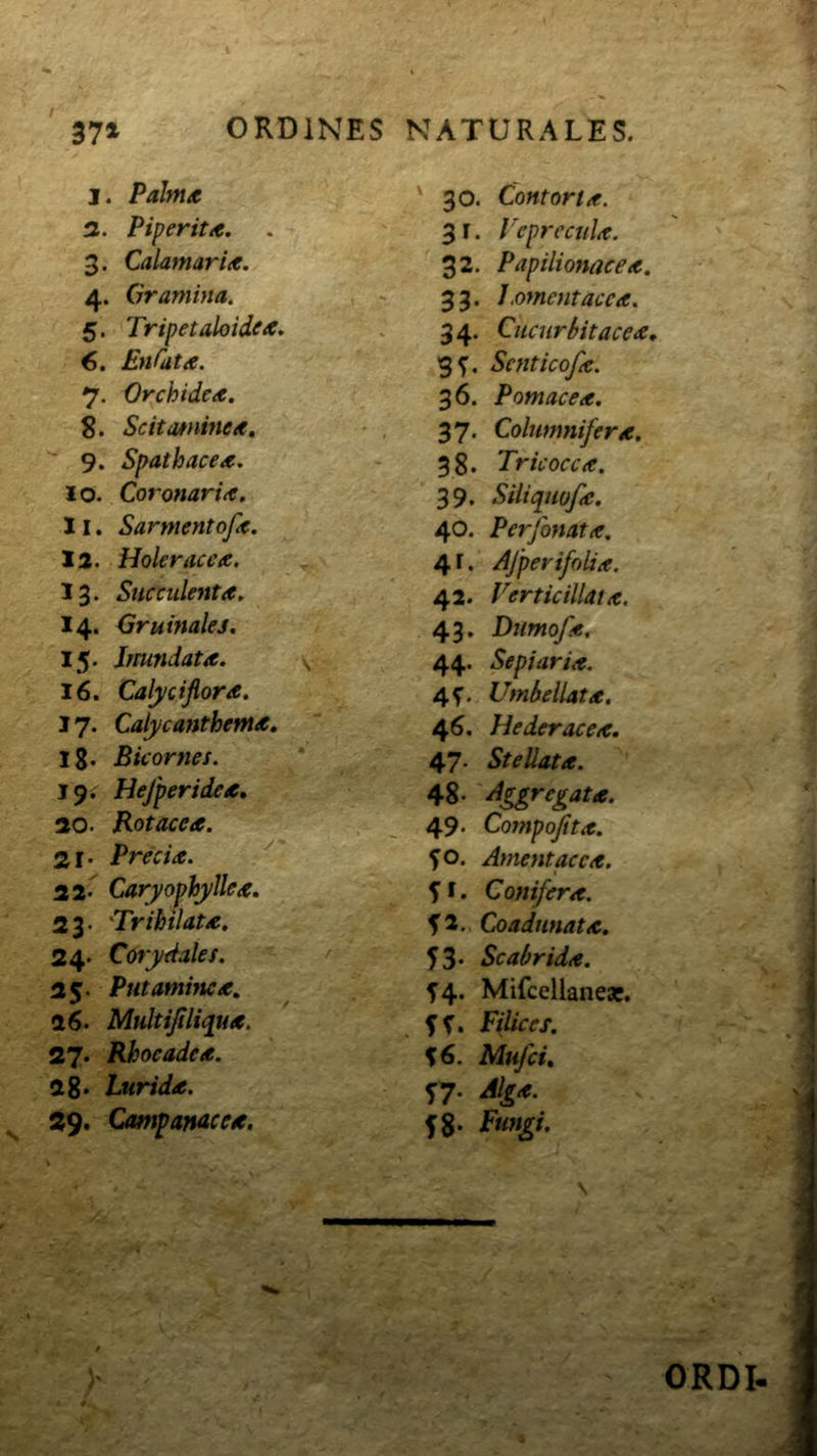 / V 37» ORDINES NATURALES. I. Palma 3. Piper it a. 3. Calamaria. 4. Gramina. 5. Tripetaloide^. G. EnCata. 7. Orchidea. 8. Scitojtninea, 9. Spathacea. 10. Coronaria. 11. Sarmentofa. 12. Holeracea. 13. Succulenta. 14. Gruinales. 15. Immdata. 16. Calj/ciflora. 17. Calycanthema, Ig. Bicornes. 19. Hejperidea, 20. Rotacea. 21* Precia. 22* Caryophyllea. 23- 'Tribilata. 24* Corydales. 25. Putamine a. 26. Multijiliqua. 27. Rhoeadca. 28* Lurida. 29. Campajutcea. 30. Contorta. 31. Veprecula. 32. Papilionacea. 33- ^ .omentacea. 34. Ciicurbitacea, 5^. Senticofa. 36. Pomacea. 3 7 • Columnifera. 38. Trkocca. 39. Siliquufa. 40. Perfonata, 4r. AfperifoUa. 42. Verticillata. 43. Dimofa, 44. Sepiaria. 45”. Umhellata. 46. Hederacea. 47. Stellata. 48- Aggregata. 49. Compojita. 50. Amentacca. S J. Conifera. Coadunata. 53* Scabrida. 5^4. Mifcellaneac. Filices. %6. Mufci. T7- ORDL