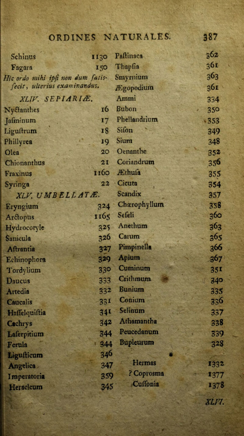 Schinus 1130 Paftinaca 362 Fagaia 150 Thapfia 361 Hic ordo mihi ipft non dum. fatis- Smyrnium 363 fecit, ulterius examinandus, j^^gopodium 361 XLIF. SEP14RIM. Ammi 334 Ny£lanthes 16 Bubon ' 350 Jafininum 17 Phellandrium v353 V Liguftrum 18 Sifon 349 Phillyrca '* 19 Sium 348 Olea 20 Oenanthe 352 Chionanthus 21 Coriandrum 356 Fraxinus 1160 .ffithufa 355 Syringa 22 Cicuta 354 XLK UMBELIATM. Scandix 357 Eryngium 324 Chaerophyllum 358 Ar£lopus 1165 Sefeli 360 Hydrocoryle 325 Anethum 363 Sanicula 326 Carum 365 Aftrantia 327 Pimpinella 366 Echinophora 329 Apium 367 l'oidylium 330 Cuminum 351 Daucus 333 Crithraum 340 Artedia 332 Bunium 335 Caucalis 331 Conium 336 Haflelquiftia 341 Selinum 337 Cachrys 342 Athamantha 338 Laferpkium 344 Peucedanum 339 Ferula 1 344 Bupleurum 328 Ligullicum 346 « Angelica 347 Hermas 1332 Imperatoria 359 ? Coprosma 1377 -Heracleum 345 Cuffonia 1378 XU^,
