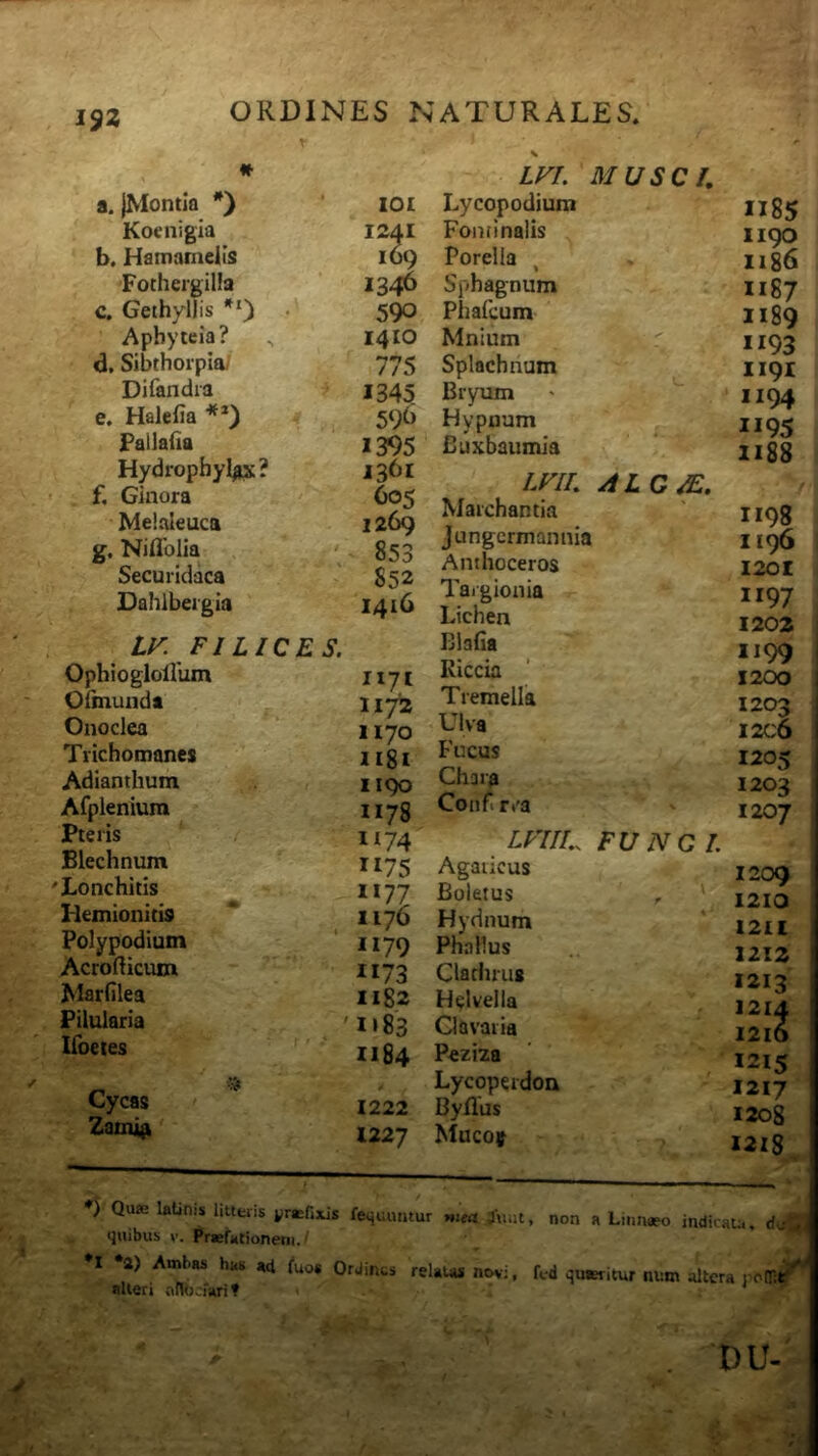 I^Z a. jMontla Koenigia b. Hamamciis Fothergilla c. Gethyllis Apbyieia? ^ d. Sibthorpia/ Difandia e. Halefia Fallafia Hydrophyl^? f. Ginora Melaleuca g. Niflblia , Securidaca Dahlbeigia 101 1241 169 1346 590 1410 775 1345 59^> 1395 1361 C05 1269 853 S52 1416 LF. FILICES. Ophioglollum Oiinuiidi Onoclea Tiichomanes Adianthum Afpleniura Pteris Blechnum 'Lonchitis Hemionitis Polypodium Acrorticum Mardlea Pilularia Ifbetes 1171 117^» 1170 ligi 1190 1178 LVI. MUSCh Lycopodium Fontinalis Porella Sphagnum Phafcum Mnium Splachnum Biyxim Hypnum Buxbaumia LFIL ALGM. Maichantia Jungcrmannia Anthoceros Targionia Lichen Biafia Riccia Tremella Ulva Fucus Chara Confi rva 1185 1190 1186 1187 1189 1193 1191 1194 1195 1188 1198 1196 120Z 1197 1202 1199 1200 1203 I2C6 1205 1203 1207 Cycas Zatni^ 1174 LFUL FU NO l. 1175 Agaticus 1209 U77 Boletus ' ' 1210 . 1176 Hydnum 1211 ; *i79 1173 PhaRus Clatluug 1212 1213 1214 1182 Helvella ' 1183 Glovaiia 1216 1184 Peziza 1215 1222 Lycopeidon Byflus 1217 1208 1227 j Mucof 1218 *) Qu£e laUnis litteris yrasfixis fequuiitur mta. Jtiiit, non a Liimaeo indicata, du quibus V. Praefationeni. I ‘a) Ambas has ad fuo* Ordints relaus novi, fcd quttritur num altera alteri afRjcfari? . - *■ . DU- p'