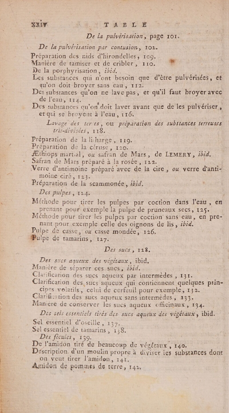 T ABLE LXIV | | De la pulvérisation, page 101. { De la pulvérisation par contusion, 102. Préparation des nids d’hirondelles, 100. Manière de tamiser et de cribler, 110. Ld De la porphyrisation, ibid. | Les substances qui n'ont besoin que d’être pulvérisées, et qu’on doit broyer sans eau, 112. De: substances qu’on ne lave pas, et qu’il faut broyer avec de\l'eanétrsf , , Des substances qu’on doit laver avant que de les pulvériser, étqui se broyent à l’eau, 116. | Lavage des teres, où préparation des substances terreuses très-divisées, 118. | Préparation de la liharge , 119. Préparation de la céruse, 120. | | fEthiops martial, ou safran de Mars, de LEMERY, ibid. * Safran de Mars préparé à la rosée, 122. Verre d’antimoine préparé avec de la cire, ou verre d’anti- 16e moine Ciré, 123. | Préparation de la scammonée:, ibid. : Des pulpes, 114. 4 Méthode pour tirer les pulpes par coction dans l’eau, en prenant pour exemple la pulpe de pruneaux secs, 125. Æ d $ e . . Méthode pour tirer les pulpes par coction sans eau, en pre- nant pour exemple celle des oignons de lis, 2bid. Puipe de casse, ou casse mondée, 126. | Pulpe de tamarins, 127. Des sucs , 118. Des sucs aqueux des végétaux, ibid. Manière de séparer ces sucs, hid. Clarification des sucs aqueux par intermèdes , 131. ; Clarification des, sucs aqueux qui contiennent quelques pin- cipes volatils, celui de cerfeuil pour exemple, 132. Clarifisstion des sucs aqueux sans intermèdes, 333. SE Manière de conserver les sucs aqueux officinaux, 134. Des sels essentiels tirés des sucs aquelux des végétaux , ibid. | _ Sel essentiel d’oseille, 137. Û Sel essentiel de tamarins, 138. D à Des fécules, 130. De l’amidon tiré de beaucoup de vévétaux, 140. 1e Déscription. d’un moulin propre à diviser les substances dont S on veut tirer l'amidon, 141. Amidon de pommes de terre, 142,