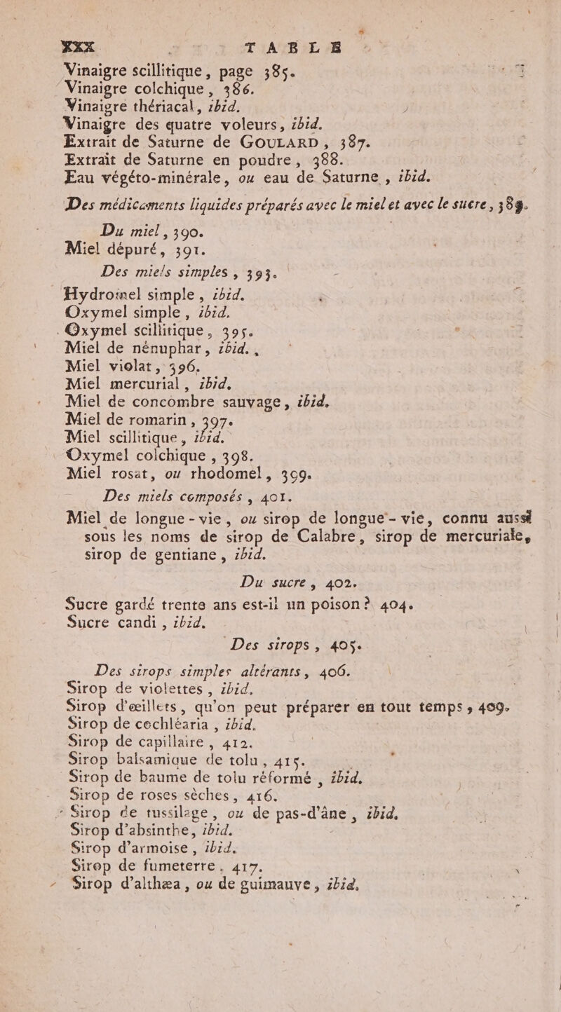 MES | : TABLE | Vinaigre scillitique, page 38s. RTE Vinaigre colchique, 386. Vinaigre thériacal, 1hid. Vinaigre des quatre voleurs, 2bid. Extrait de Saturne de GOULARD, 387. Extrait de Saturne en poudre, 388. Eau végéto-minérale, ou eau de Saturne , tbid. Des médicaments liquides préparés avec Le mielet avec le sucre, 389. Du miel , 300. Miel dépuré, 391. Des miels simples , 393. Hydrormel simple, £bid. $ Oxymel simple, ibid. . @xymel scillitique, 395. Miel de nénuphar, zbid. , Miel violat, 596. Miel mercurial, zb1d. Miel de concombre sauvage, ibid. Miel de romarin, 397. Miel scilhitique, 1814. Oxymel colchique , 398. Miel rosait, ou rhodomel, 309. O f Des miels composés , 401. Miel de longue-vie, oz sirop de longue - vie, connu aussi sous les noms de sirop de Calabre, sirop de mercuriale, sirop de gentiane , sbid. Du sucre, 407. Sucre gardé trente ans est-il un poison? 404. Sucre candi , zbid. Des sirops , 405. Des sirops simples altérants, 406. Sirop de violettes , ibid. Sirop d’æillets, qu’on peut préparer en tout temps ; 409. Sirop de cochléaria , ibid. Sirop de capillaire, 412. Sirop balsamique de tolu, 415. Sirop de baume de tolu réformé , ibid, Sirop de roses sèches, 416. + Sirop de tussilige, oz de pas-d'âne, sbid. Sirop d’absinthe, bid. Sirop d’armoise, 1bid. Sirop de fumeterre, 417. - Sirop d’althæa, ou de guimauve, ibid,