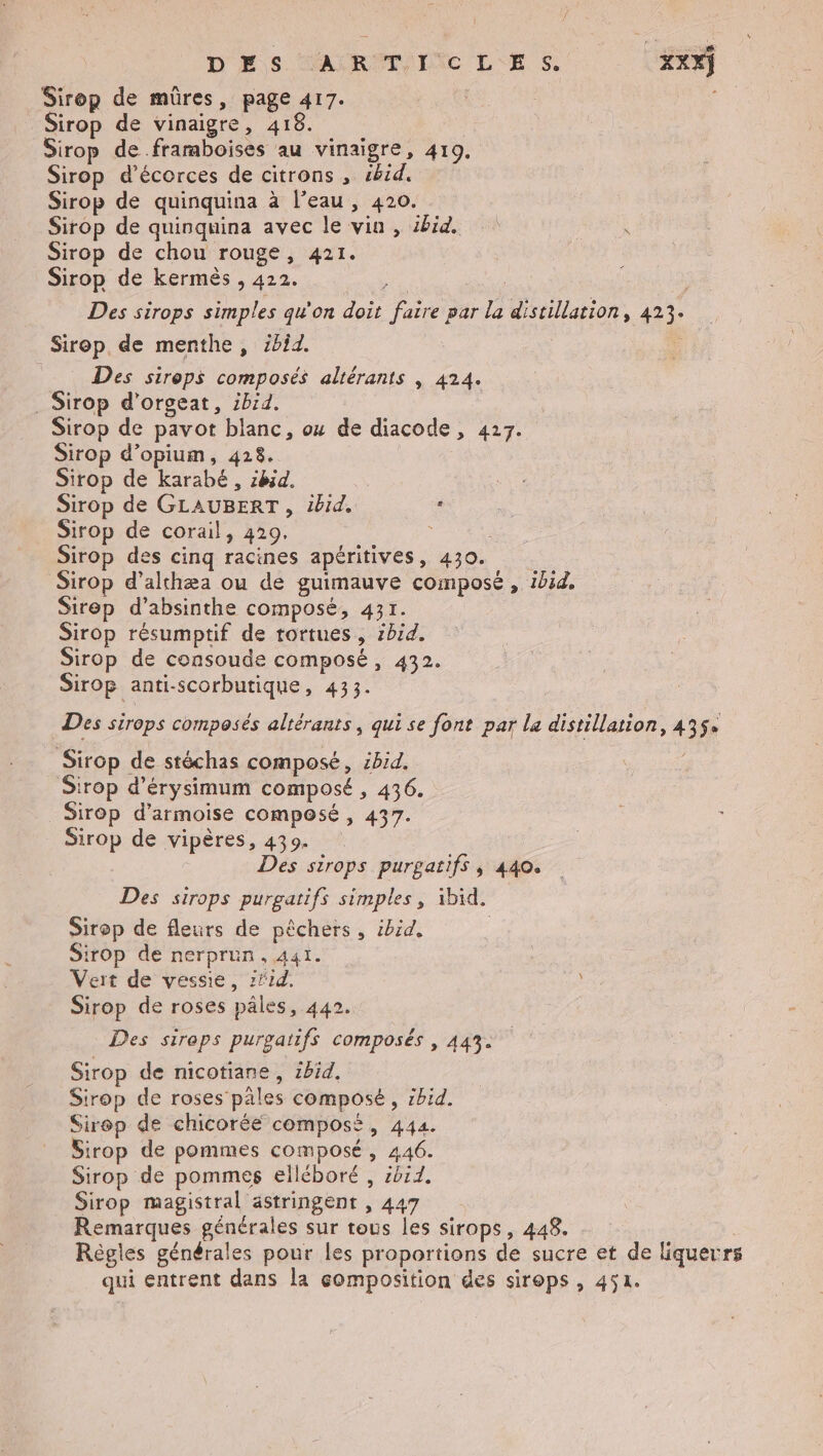 D'ES ALR MIT L'E S XXXŸ Sirop de müres, page 417. Sirop de vinaigre, 418. Sirop de framboises au vinaigre, 419. Sirop d’écorces de citrons , sbid, Sirop de quinquina à l’eau , 420. Sirop de quinquina avec le vin, bit. Sirop de chou rouge, 421. Sirop de kermès , 422. Des sirops simples qu'on doit faire par la distillation, 423- Sirop. de menthe, cbî1. À Des sirops composés altérants | 424. . Sirop d'orgeat, 214. Sirop de pavot blanc, ou de diacode, 427. Sirop d’opium, 428. Sirop de karabé , ibid. | Sirop de GLAUBERT , ibid, $ Sirop de corail, 429, ; Sirop des cinq racines apéritives, 430. Sirop d’althæa ou de guimauve composé , ibid. Sirep d’absinthe composé, 431. Sirop résumptif de tortues, 1bid. Sirop de consoude composé, 432. Sirop anti-scorbutique, 433. Des sirops composés altérants, qui se font par la distillation, 4354 Sirop de stéchas composé, ibid. Sirop d’érysimum composé , 436. Sirop d’armoise composé , 437. Sirop de Viperes, 430: 18 | Des sirops purgatifs, 440. Des sirops purgatifs simples, ibid. Sirop de fleurs de pêchers, ibid, Sirop de nerprun. 441. Vert de vessie, zfid, Sirop de roses pâles, 442. Des sireps purgatifs composés , 443. Sirop de nicotiane, 1bïd, Sirop de roses pales composé, rbid. Sirop de chicoréé composé, 444. Sirop de pommes composé, 446. Sirop de pommes elléboré , 2011. Sirop magistral astringent , 447 Remarques générales sur tous les sirops, 448. Règles générales pour les proportions de sucre et de liquerrs qui entrent dans la composition des sirops , 451.