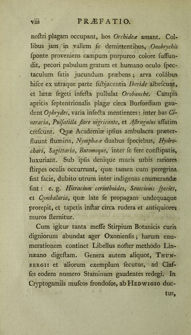 / noftri plagam occupant, hos Orchidea amant. Col- libus jam in vallem fe demittentibus, Onobrychis fponte proveniens campum purpureo colore fuffun- dit, pecori pabulum gratum et humano oculo fpec- taculum fatis jucundum praebens; arva collibus hifce ex utraque parte fubjacentia Ihertde albefcunt, et Isetse fegeti infefta pullulat Orobanche. Campis apricis feptentrionalis plags circa Burfordiam gau- dent Ophrydes^ varia inferia mentientes: inter has Ci- neraridy Pulfatilla fiore nigricante^ et AJlragalns affatim crcfcunt. Quse Academice ipfius ambulacra praeter- fluunt flumina, Nymphaa duabus fpeciebus. Hydro- chari^ Sagittaria^ Butomoque^ inter fe fere conftipatis, luxuriant. Sub ipfis denique muris urbis rariores ftirpes oculis occurrunt, quce tamen cum peregrina fint facie, dubito utriim inter indigenas enumerandse fint : e. g. Hieracium cerinthoides^ Senecionis fpecieSy et Cymbalaria, qux late fe propagans undequaque prorepit, et tapetis inftar circa rudera et antiquiores muros fternitur. Cum igitur tanta meffe Stirpium Botanicis curis digniorum abundat ager Oxonienfis; harum enu- merationem continet Libellus nofher methodo Lln- nceano digeftam. Genera autem aliquot, Thun- BERGii et aliorum exemplum fecutus, ad Claf- fes eodem numero Staminum gaudentes redegi. In Crj^ptogamiis mufcos frondofos, abHEDwioio duc- tus.