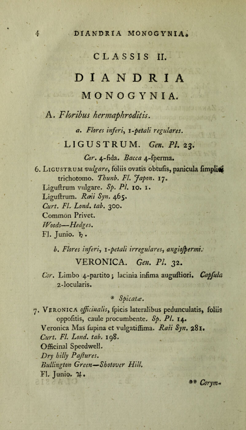 CLASSIS II. D I A N D R I A MONOGYNIA. ' A. Floribus hermaphroditis. a. Flores inferi^ i-petali regulares. LIGUSTRUM. Gen. FL 23. Cor. 4-fida. Macca 4-i[}^erma, 6. Ligustrum vulgare^ foliis ovatis obtufis, panicula fimpliij trichotomo. Thunb. FI. Japon. 17. Liguftrum vulgare. Sp. FI. 10. i. Liguftrum. Feni Syn. 465. Curt. FI. Lond. tah. 300. Common Privet. Woods—Hedges. FI. Junio, b . b. Flores inferly i-peiali irregulares^ angiofpermt: VERONICA. Gen. FI. 32. Cor. Limbo 4-partito \ lacinia infima auguftiori, Capfula 2-locularis. Spicat ce, 7. Vero NIC A offidnalis^ fpicis lateralibus pedunculatis, foliis oppofitis, caule procumbente. Sp. FI. 14. Veronica Mas fupina et vulgatillima. Raii Syn. 281# Curt. FI. Lond. tab. 198. OiHcinal Speed^vell. Dry hilly Fajlures. Bullington Green^Shotover Hili, FI. Junior 11. Corym-»