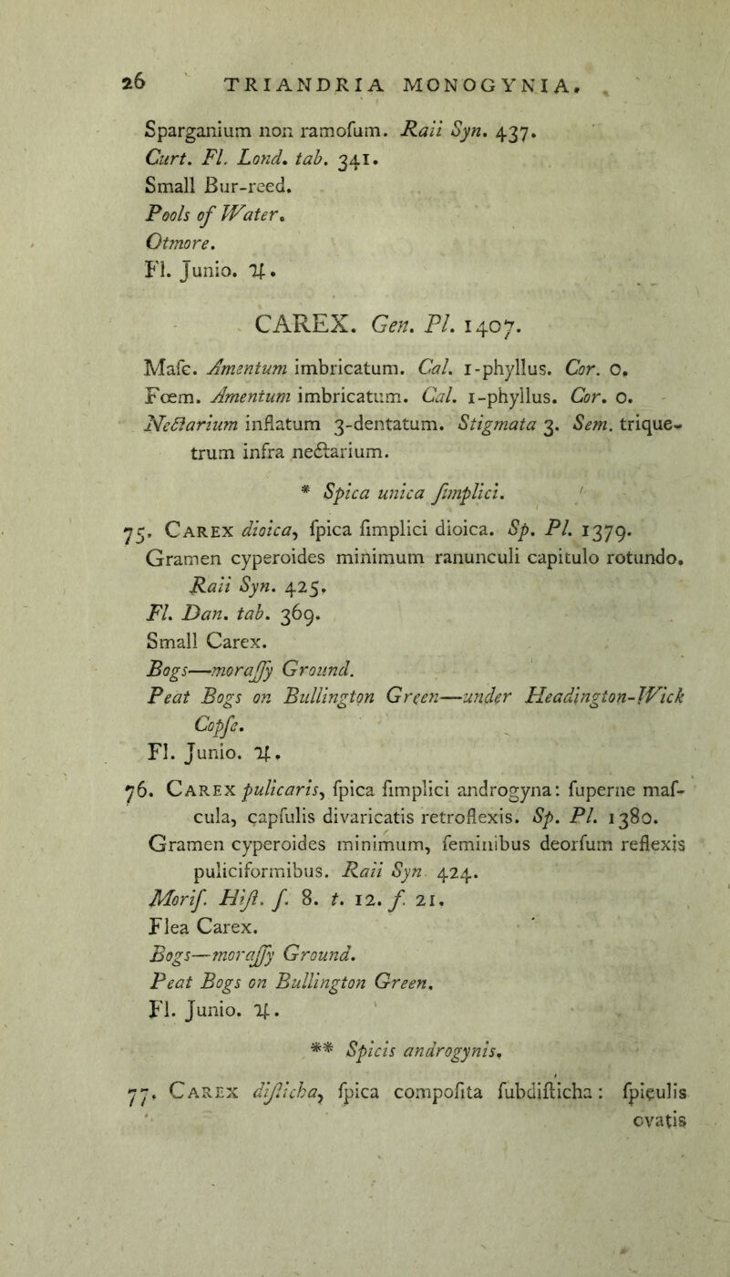 Sparganium non ramofum. Rali Syn, 437, Curt, FL Lond, tab. 341. Small Bur-reed. Pools of WdteVc Otmore. FI. Junio. CAREX. Gen, PL 1407. Mafc. Amentum imbricatum. CaL i-phyllus. Cor, o. Fcem. Amentum imbricatum. Cal, i-phyllus. Cor, o. NeStarium inflatum 3-dentatum. Stigmata 3. Sem. trique-- trum infra nedlarium. * Spica unica fimplici, ' 75. Carex dioica^ fpica fimplici dioica. Sp, PL 1379. Gramen cyperoides minimum ranunculi capitulo rotundo, Raii Syn. 425. FL Dan, tab, 369. Small Carex. Bogs—morajfy Groiind. Peat Bogs on Bidlington Green—under Headington-Wick Copfe, FI. Junio. 11, 76. Qakex pulicarie^ fpica fimplici androgyna: fuperne maf- cu!a, capfulis divaricatis retroflexis. Sp, PL 1380. Gramen cyperoides minimum, feminibus deorfum reflexis puliciformibus. Raii Syn 424. Morif. Hiji. f, 8. 12. / 21, Flea Carex. Bogs—morajfy Ground, Peat Bogs on Bullington Green, FI. Junio. %, Spicis androgynis, 77. Carex dfUcha^ fpica compofita fubdiflicha: fpic:ulis ' ovatis