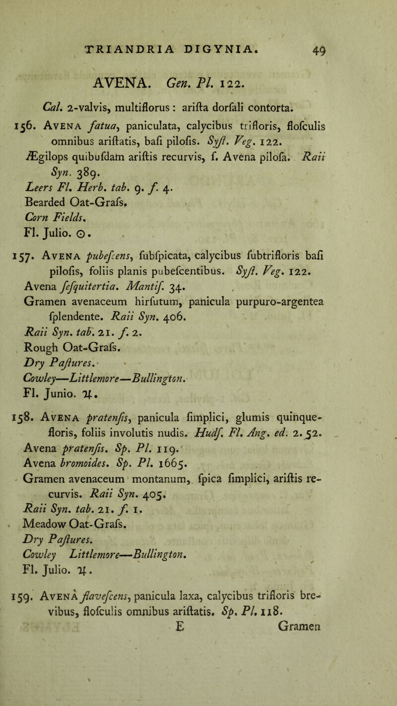 AVENA. Gen.PLi22. CaL 2-valvis, multiflorus : arifla dorfali contorta. 156. Avena fatua^ paniculata, calycibus trifloris, flofculis omnibus ariftatis, bafl pilofis. Syji, Veg, 122. i^^gilops quibufdam ariftis recurvis, f. Avena pilofa. Raii Syn. 389. Leers FL Herb, tab, 9. f. 4. Bearded Oat-Grafs. Corn Fields, FI. Julio. 0. 157. Avena pubefcens^ fubfpicata, calycibus fubtrifloris bali pilofis, foliis planis pubefcentibus. Syji, Feg, 122. Avena fefquitertia. Mantif 34. Gramen avenaceum hirfutum, panicula purpuro-argentea fplendente. Raii Syn, 406. Raii Syn, tab, 7.1, f, 2, . Rough Oat-Grafs. Dry Pajiures',‘ • - Cowley—Littlemore—Bullington, FI. Junio. 71, 158. Avena pratenftsy panicula fimplici, glumis quinque- floris, foliis involutis nudis. Hudf, FL Ang, ed. 2. 52. Avena pratenfis, Sp, Pl. 119. Avena bromoides, Sp. Pl, 1665. ' Gramen avenaceum montanum, fpica fimplici, ariftis re- curvis. Raii Syn. 405. Raii Syn. tab, 21. f, i. * Meadow Oat-Grafs. Dry Pajiures. Cowley Littlemore—Bullington, FI. Julio. %. 159. Avena Jlavefcens^^2i\\ic\A2i laxa, calycibus trifloris bre- vibus, flofculis omnibus ariftatis* Sp.PLiiS^ E Gramen