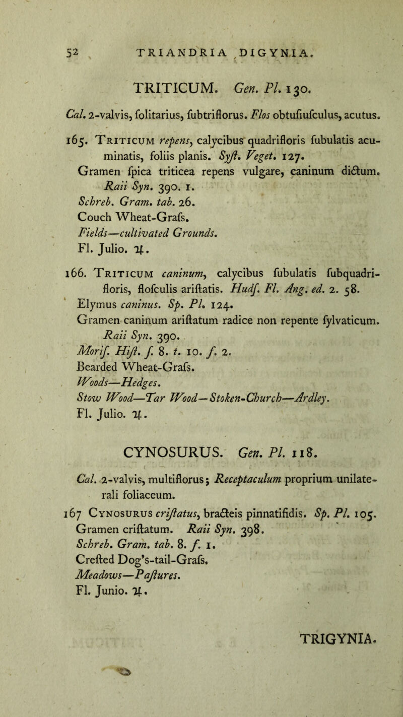 TRITICUM. Gen. PL 130. CaL 2-valvis, folitarius, fubtriflorus. Flos obtufiufculus, acutus. 165. Triticum repens^ calycibus'quadrifloris fubulatis acu- minatis, foliis planis. Syji, Veget, 127. Gramen fpica triticea repens vulgare, caninum didum. Kaii Syn, 390. l. Schreb. Gram, tab, 26. Couch Wheat-Grafs. Fields—cultivated Grounds. FI. Julio. %, 166. Triticum caninum^ calycibus fubulatis fubquadri- floris, flofculis ariftatis. Hudf, FL Ang, ed, 2. 58. Elymus caninus. Sp. PL 124. Gramen caninum ariftatum radice non repente fylvaticum. Raii Syn. 390.. Morif. Hiji. f. 8. t. 10. /. 2. Bearded Wheat-Grafs. Woods—Hedges. Stow Wood—Far Wood—Stoken^Church—Ardley. FI. Julio. %. CYNOSURUS. Gefj. PL 118. G?/.,2-valvis, multiflorus; Receptaculum proprium unilate- rali foliaceum. 167 Cynosurus criflatus^ bradieis pinnatifidis. Sp, PL 105. Gramen criflatum. Raii Syn, 398. Schreb, Gram. tab. 8. /*. i. Crefted Dog’s-tail-Grafs, Meadows—Pajlurcs, FL Junio. %, trigynia.