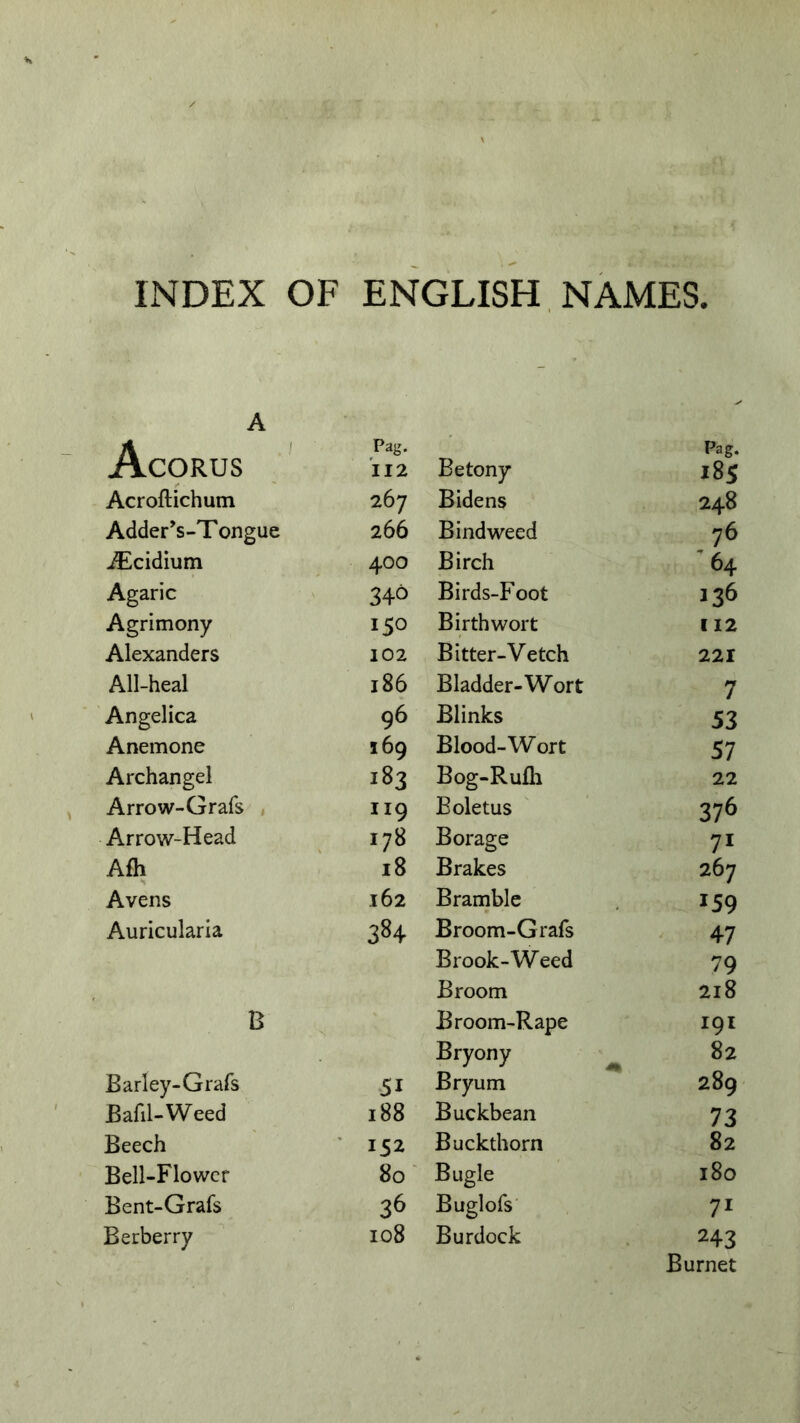 INDEX OF ENGLISH NAMES. A AcpRUS Pag, 'JI2 Acroftichum 267 Adder’s-Tongue 266 ^cidium 400 Agaric 340 Agrimony 150 Alexanders 102 All-heal 186 Angelica 96 Anemone 169 Archangel 183 Arrow-Grafs , II9 Arrow-Head 178 Afh ' 18 Avens 162 Auricularia 384 B - Barley-Grafs •51 Bafil-Weed 188 Beech ' 152 Bell-Flowcr 80 Bent-Grafs 36 Berberry 108 Betony Pag. i8s Bidens 248 Bindweed 76 Birch ^64 Birds-Foot 136 Birthwort 112 Bitter-Vetch 221 Bladder-Wort 7 Blinks 53 Blood-Wort 57 Bog-Rufh 22 Boletus 376 Borage 71 Brakes 267 Bramble 159 Broom-Grafs 47 Brook-Weed 79 Broom 218 Broom-Rape 191 Bryony ^ 82 Bryum 289 Buckbean 73 Buckthorn 82 Bugle 180 Buglofs' 71 Burdock 243 Burnet