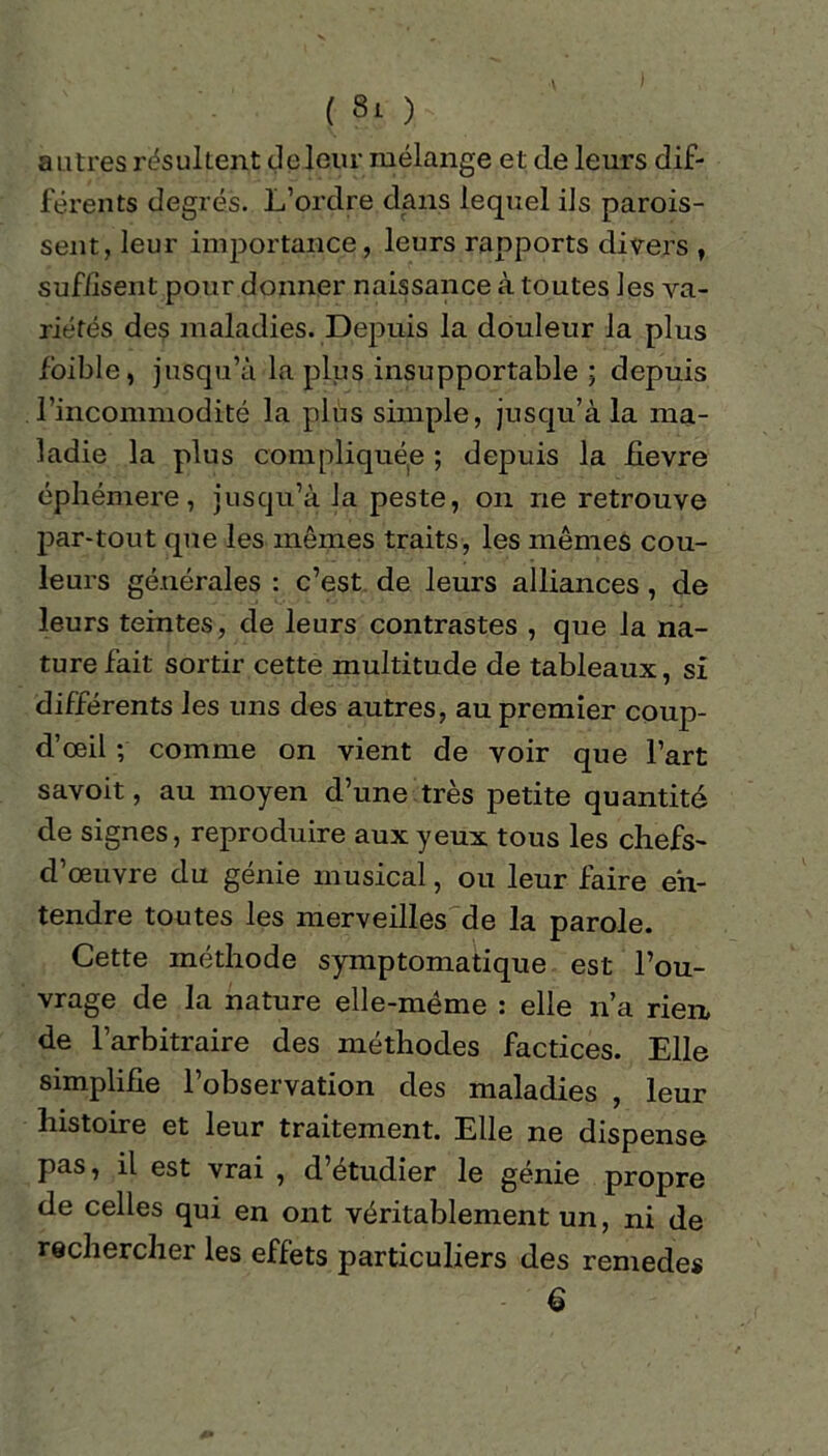 autres résultent çleleur mélange et de leurs dif- férents degrés. L’ordre dans lequel ils parois- sent, leur importance, leurs rapports divers , suffisent pour donner naissance à toutes les va- riétés des maladies. Depuis la douleur la plus foible, jusqu’à la plus insupportable ; depuis l’incommodité la plus simple, jusqu’à la ma- ladie la plus compliquée ; depuis la fievre éphémère, jusqu’à la peste, on ne retrouve par-tout que les mêmes traits, les mêmes cou- leurs générales : c’est de leurs alliances, de leurs teintes, de leurs contrastes , que la na- ture fait sortir cette multitude de tableaux, si différents les uns des autres, au premier coup- d’œil ; comme on vient de voir que l’art savoit, au moyen d’une très petite quantité de signes, reproduire aux yeux tous les chefs- d’œuvre du génie musical, ou leur faire en- tendre toutes les merveilles de la parole. Cette méthode symptomatique est l’ou- vrage de la nature elle-même : elle n’a rien de l’arbitraire des méthodes factices. Elle simplifie l’observation des maladies , leur histoire et leur traitement. Elle ne dispense pas, il est vrai , d’étudier le génie propre de celles qui en ont véritablement un, ni de rechercher les effets particuliers des remedes