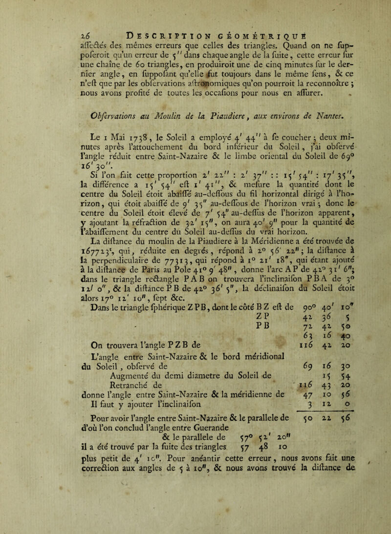 afTedés des mêmes erreurs que celles des triangles. Quand on ne fup- poferoit qu’un erreur de 5 dans chaque angle de la fuite, cette erreur fur une chaîne de 60 triangles, en produiroit une de cinq minutes fur le der- nier angle, en fuppofànt qu’elle ^ut toujours dans le même fens, & ce n’eft que par les obfervations agronomiques qu’on pourroit la reconnoître ; nous avons profité de toutes les occafions pour nous en aflurer. Obfervations au Moulin de la Piaudiere, aux environs de Nantes. Le I Mai 1738, le Soleil a employé 4' 44 à fe coucher \ deux mi- nutes après l’attouchement du bord inférieur du Soleil, j’ai obfervé l’angle réduit entre Saint-Nazaire & le limbe oriental du Soleil de 69° 16'30. Si l’on fait cette proportion 2' 22 ; 2' 37 ; ; i-j' 54 : 17' 35, la différence a i'^' '54 eft i' 41, &; mefure la quantité dont le centre du Soleil étoit abaifîe au-defifous du fil horizontal dirigé à l’ho^ rizon, qui étoit abailTé de f 35 au-defibus de l’horizon vrai -, donc le centre du Soleil étoit élevé de 7' '54 au-defïlis de l’horizon apparent, y ajoutant la réfraêlion de 32' i<5'', on aura 40' 9 pour la quantité de l’abaifTement du centre du Soleil au-defîlis du vrai horizon. La diffance du moulin de la Piaudiere à la Méridienne a été trouvée de 167723', qui, réduite en degrés, répond à <^6' 22''; la diffance à la perpendiculaire de 77313, qui répond à 21' 18, qui étant ajouté à la diffance de Paris au Pôle 41° 9' 48“ , donne l’arc AP de 42^ 31' é”; dans le triangle reêtangle P A B on trouvera l’inclinaifbn P B A de 3° 12/ o,&la diffance P B de 42° 36' 5, la déclinaifon du Soleil étoit alors 17° 12' 10, fept &c. Dans le triangle fphérique Z P B, dont le côté B Z eft de ZP PB On trouvera l’angle P Z B de L’angle entre Saint-Nazaire & le bord méridional du Soleil , obfervé de Augmenté du demi diamètre du Soleil de Retranché de donne l’angle entre Saint-Nazaire & la méridienne de Il faut y ajouter l’inclinaifon Pour avoir l’angle entre Saint-Nazaire & le parallèle de d’où l’on conclud l’angle entre Guerande & le parallèle de ^7° ^2' 20” il a été trouvé par la fuite des triangles 57 48 10 plus petit de 4' 10. Pour anéantir cette erreur, nous avons fait une correéfion aux angles de 53 10”, & nous avons trouvé la diffance de 90° 40 42 3é $ 72- 42 $0 Ô3 lé 40 lié 42 20 69 lé 30 $4 lié 43 20 47 10 5^ 3 12 0 ^0 22