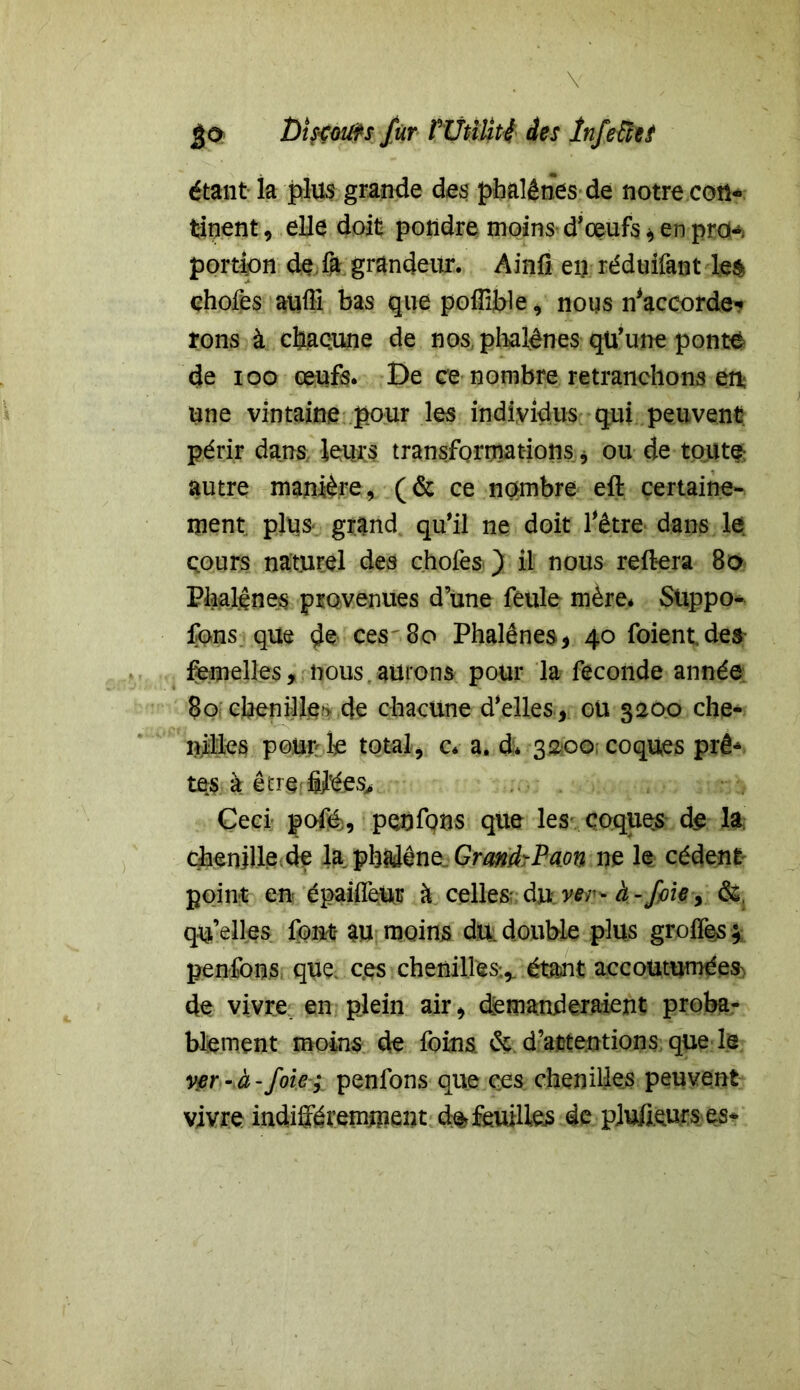 Discours fur mm des Înfe&tî étant la plus grande des phalènes de notre con- tinent 9 elle doit pondre moins d’oeufs * en prête portion de fa grandeur. Ainfi en rédui&ntlea chofes atiffi bas que poffible , nous n’accorde* rons à chacune de nos phalènes qu’une ponté de ioo œufs. De ce nombre retranchons en une vintaine pour les individus qui peuvent périr dans leurs transformations, ou de toute; autre manière, (& ce nombre eft certaine- ment pins-, grand qu’il ne doit l’être dans le. cours naturel des chofes ) il nous reliera 80 Phalènes provenues d’une feule mère* Suppo- sons que de ces8o Phalènes9 40 foient. des femelles, nous.aurons pour la fécondé année 80 cbenille> de chacune d’elles, ou 3200 che- nilles pourrie total, c* a. d* 3200 coques prê* tes à être filées. Ceci pofé., penfons que les coques de la chenille de la phalène. Grand-Paon ne le cèdent point en épaiffeut à celles; du w- à -foie, qu’elles font au moins du. double plus groffes \ penfons que ces chenilles;,, étant accoutumées^ de vivre en plein air, demanderaient proba- blement moins de foins & d’attentions que le ver- à-foie ; penfons que ces chenilles peuvent vivre indifféremment d% feuilles de plu/kurs es-