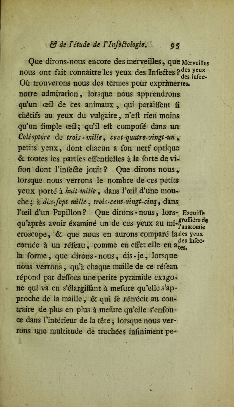 Que dirons-nous encore des merveilles, que Merveilles nous ont fait connaître les yeux des Infedes?^ssyef^ Où trouverons nous des termes pour exprimertes. notre admiration, lorsque nous apprendrons qu’un œil de ces animaux , qui paraiflent fi chétifs au yeux du vulgaire, n’efl: rien moins qu’un fimple œil; qu’il eft compofé dans un Coléoptère de trois - mille, cent -quatre-vingt-un, petits yeux, dont chacun a fon nerf optique & toutes les parties effentielles à la forte de vi- fion dont l’infe&e jouit? Que dirons nous, lorsque nous verrons le nombre de ces petits yeux porté à huit-mille, dans l’œil d’une mou- che; à dix-fept mille, trois-cent-vingt-cinq, dans l’œil d’un Papillon? Que dirons-nous, lors- Esquîfle qu’après avoir éxaminé un de ces yeux au mi-^^^ croscope, & que nous en aurons comparé la des yeux cornée à un réfeau, comme en effet elle en ateess# hlfec* la forme, que dirons-nous, dis-je, lorsque nous verrons, qu’à chaque maille de ce réfeau répond par defTous une petite pyramide exago- ne qui va en s’élargiffant à mefure qu’elle s’ap- proche de la maille, & qui fe rétrécit au con- traire de plus en plus à mefüre qu’elle s’enfon- ce dans l’intérieur de la tête ; lorsque nous ver- rons une multitude de trachées infiniment pe-