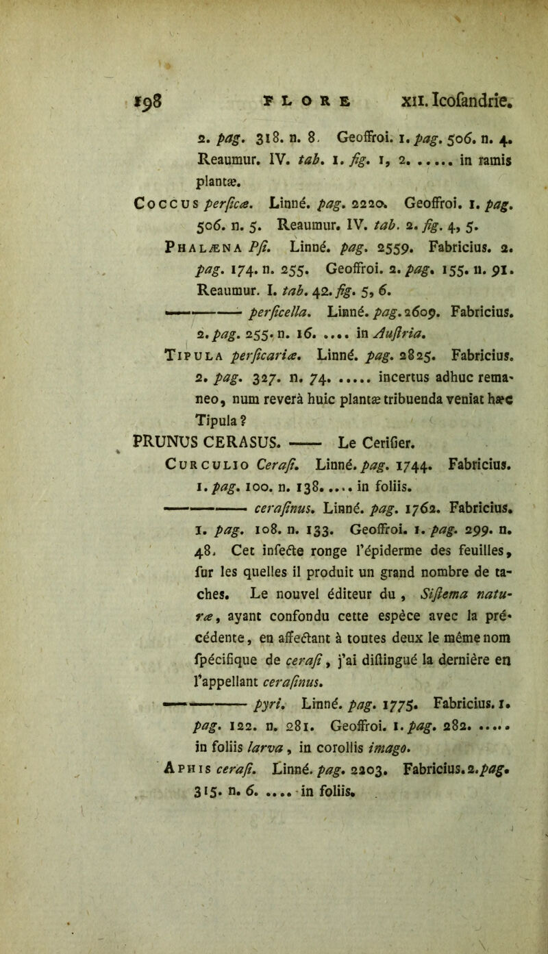 2. pag. 318. n. 8, Geoffroi. 1. pag, 506. n. 4. Reaumur. IV. tab. 1. fig. i, 2 in ramis plantæ. Coccus perfica. Linné, pag, 222a Geoffroi. 1. pag, 506. n. 5. Reaumur. IV. tab. 2. fig. 4, 5. Phalæna P fi, Linné, pag, 2559. Fabricius. 2. pag, 174. n. 255. Geoffroi. 2. 155.11. 91. Reaumur. I. tab, 42. jSg*. 5, 6. —- perficella, Linné, pag, 2609. Fabricius. 2.pag. 255. n. 16. .... in Aufîria. Tipula perficariœ. Linné, pag. 2825. Fabricius. 2. 327. n. 74 incertus adhuc rema* neo, num révéra huic plantæ tribuenda veniat hæc Tipula ? PRUNUS CERASUS. — Le Cerifier. Cürcülio Cerafi. Linné.pag. 1744. Fabricius. 1 .pag. 100. n. 138..... in foliis. cerafinus. Linné, pag. 1762. Fabricius. I. pag. 108. n. 133. Geoffroi. 1. pag. 299. n. 48. Cet infette ronge l’épiderme des feuilles, fur les quelles il produit un grand nombre de ta- ches. Le nouvel éditeur du , Sifiema natu- rœ, ayant confondu cette espèce avec la pré* cédente, en affeétant à toutes deux le même nom fpécifique de cerafi, j’ai diflingué la dernière en l’appellant cerafinus. — pyri. Linné, pag. 1775. Fabricius. x. pag. 122. n. 281. Geoffroi. 1 .pag. 282 in foliis larva, in corollis imago. A p h 1 s cerafi. Linné, pag. 2203. Fabricius. 2.pag• 315* n« 6 in foliis.