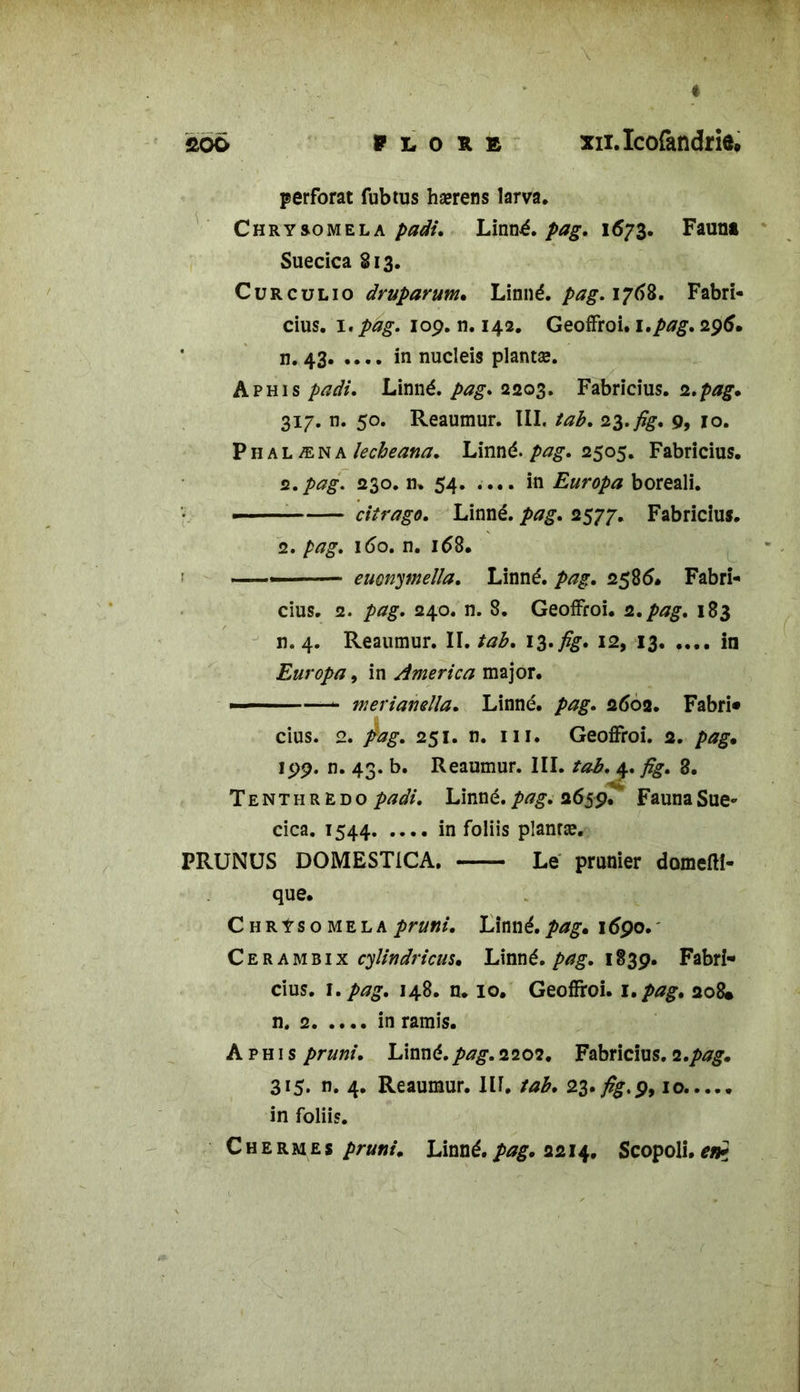 perforât fubtus hærens larva. Chrysomela Linné, pag. 1673. Faunt Suecica S13. Curculio druparum. Linné, pag. 1768. Fabri- cius. l'pag. 109. n. 142. Geoffroi. 1 .pag, 296. n. 43 in nucleis plantæ. Aphis padi. Linné, pag. 2203. Fabricius. 2.pag. 317. n. 50. Reaumur. III. tab. 23.fig. 9, 10. Phalæna lecheana. Linné. />^. 2505. Fabricius. 2.pag. 230. n. 54. .... in Europa boreali. citrago. Linné. 2577. Fabricius. 2. pag. 160. n. 168. ». ....— euonymella. Linné. 2586. Fabri- cius. 2. 240. n. 8. Geoffroi. 2,pag, 183 n. 4. Reaumur. II. tab. 13.;%-. 12, 13 in Europa, in America major. ■ — —- merianella. Linné. 2602. Fabri* dus. 2. /»£. 251. n. iii. Geoffroi. 2. pag• 199. n. 43. b. Reaumur. III. /«£. 4. 8. Tenthredo Linné.2659.^ FaunaSue» cica. 1544 in foliis planræ. PRUNUS DOMESTICA. Le prunier domefti- que. Chrysomela pruni, Linné.pag• 1690. Cer ambix cylindricus» Linné, pag. 1839. Fabri- cius. 1. pag. 148. n. 10. Geoffroi. 1. pag. 208. n. 2 in ramis. Aphis pruni. Linné.2202. Fabricius. 2. pag, 315* n. 4* Reaumur. III. tab. 23. ^.9,10 in foliis. Chermes pruni. Linné./>*£. 2214. Scopoli.en*