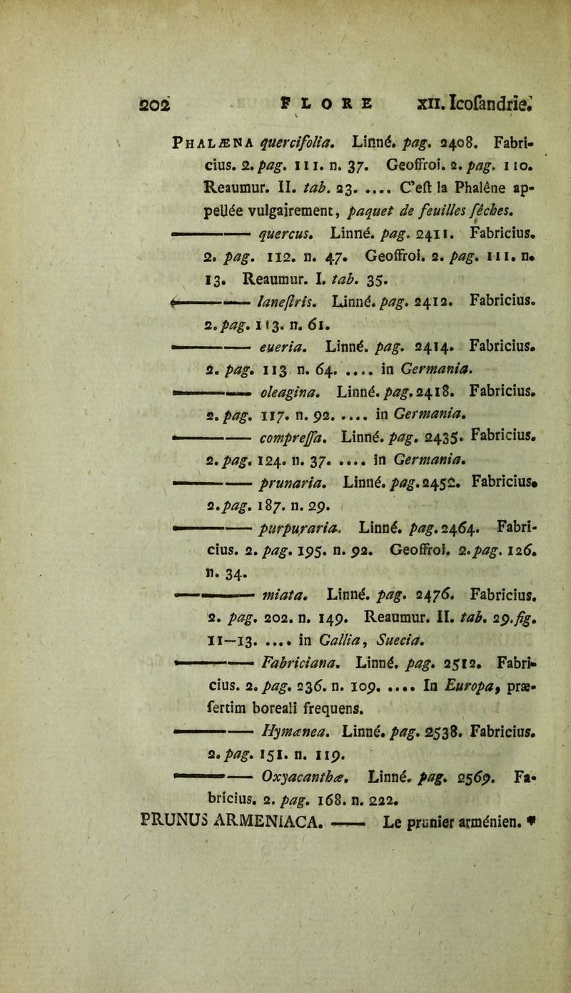 P H AL ÆN A quercifolia. Linné, pag. 2408. Fabri- cius. 2.pag. 111. n. 37. Geoffroi. 2.pag. 110. Reaumur. II. tab. 23 C’eft la Phalène ap- pelée vulgairement, paquet de feuilles fêches. — quercus. Linné, pag. 2411. Fabricius. 2. pag. 112. n. 47. Geoffroi. 2, pag, iii.n* 13. Reaumur. I. tab, 35. ■ ■ ■■ laneftris. Linné, pag, 241a. Fabricius. 2. pag, 113. n. 61. — eueria. Linné, pag. 2414. Fabricius. 2. 113 n. 64 in Germania. oleagina. Linné, pag. 2^ 18. Fabricius. 2, pag, 117. n. 92 in Germania. —■ comprejfa, Linné, 2435» Fabricius. 2, pag, 124. n. 37 in Germania, — prunaria, Linné, pag, 2452. Fabricius* 2.pag, 187. n. 29. — ■ purpuraria, Linné, pag, 2464. Fabri- cius. 2. pag, 195. n. 92. Geoffroi. 2*pag. 126. n. 34. ■ ■ ■ miata, Linné, pag. 2476. Fabricius. 2, pag, 202, n. 149. Reaumur. II. tab, 2p.fig. Il—13 in G allia, Sue ci a, ■■■ ■ Fabriciana, Linné, pag, 2512. Fabri- cius. 2. pag. 236, n. 109 In Europa, præ* fertim boreaii frequens. ■■ 11 Hymœnea. Linné, pag, 2538. Fabricius. 2. pag. 151.0.1 ip. ■■■ 11 Oxyacanthœ, Linné, pag. 256p. Fa* bricius. 2. pag. 168. n. 222. PRUNUS ARMENIACA. Le prunier arménien. *
