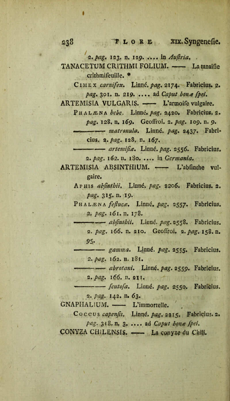 I 238 flore xix, Syngenefie. / 2. pag. 123. n. 129 in Aufiria. , TANACETUM CRlTHMI FOLIUM. Latanaifie crithmifeuille. * C1 Jvi e x carnifex. Linné, pag. 2174. Fabricius. 2. />^g. 301. n. 219. .... ad Caput bon a fpei. ARTEMISiA VULGARIS. -— L’armoife vulgaire. Phalæna to, Linné.2420. Fabricius. 2. pag. 128, n. 169. GeofFroi. 2. /><?£. 109. n. 9. —» — matronula. Linné, pag. 2437. Fabri- cius. 2. pag. 128. n. 167. ———— artemifiœ. Linné. 2556. Fabricius. 2. pag. 162. u. 180 in Germania. ARTEMISIA ABSINTH1UM. L’abfinthe vul- gaire. A phi s abjlnthii. Linné, pag. 2206. Fabricius. 2, pag. 315. n. 19. Phalæna feftucœ. Linné, pag. 2557. Fabricius. 2. pag. 161. n. 178. —— —— abfintbii. Linné, pag. 2558. Fabricius. 2. pag. 166. n. 210. GeofFroi. 2. pag. 158. n. PS- gamma. Linné, pag. 2555. Fabricius. 2. pag. 162. n. 181. — abroîani. Linné, pag. 2559. Fabricius. 2. pag. 166. n. 211. —— fcutofa. Linné, pag. 2550. Fabricius. 2. pag. 142. n. 63. GNAPHAL1UM. L’immortelle. ' . Coccus capenfis. Linné, pag. 2215. Fabricius. 2. pag. 318. n. 3. .... ad Caput bonœ fpei. CONYZA CH1LENSIS. La çonyze du Chili.