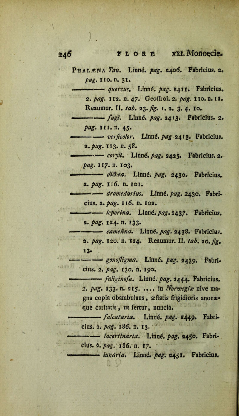 stjj.6 flore xxi. Monoecie. Phalæna Tau. Linné, pag. 2406. Fabricius. 2* pag. ilo. n. 31. >» -- quercus. Linné, pag. 2411. Fabricius. 2. />*£. 112. n. 47. Geoffroi. 2. pag. lio.n. il. Reaumur. II. 23.;%-. 1. a. 3. 4. 10. — /agi. Linné, pag. 2413. Fabricius. 2. pag. in. n. 45. » ■ verficolor. Linné. 2413. Fabricius. 2./>*£. 113. n. 58. — —— coryli. Linné, pag, 2425. Fabricius. 2. pag. 117. n. 103. ■ diftœa. Linné, pag. 2430. Fabricius. 2. pag. 116. n. 101. » dromedarius. Linné, pag. 2430. Fabri- cius. 2. pag. 116. 11. 102. »— leporina. Linné, pag, 2437. Fabricius. 2. />*£. 124. n. 133. —■ camelina• Linné. pag. 2438. Fabricius. 2. pag. 120. n. 124. Reaumur. II. tab. 20.fig, U. gonojligma. Linné, pag, 2439. Fabri- cius. 2. pag. 130. n. 190. — fnliginofa, Linné, pag. 2444. Fabricius. 2. pag. 133. n. 215. .... in Norwegiæ nive ma- gna copia obambulans, æftatis frigidioris anonæ- que csritatis, ut fertur, nunciâ. — falcataria. Linné, pag. 2449. Fabri- dus. 2. pag. i8tf. n. 13. —— lacertinària. Linné, pag. 2450. Fabri- cius. b. pag. 186. n. 17. — lunaria. Linné, pag. 2451. Fabricius.