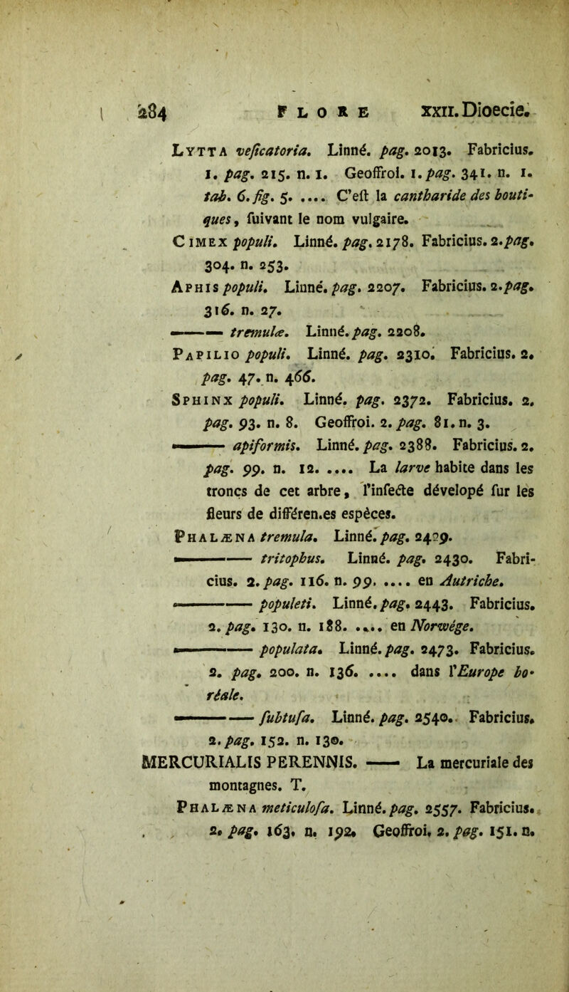 *$4 flore xxn.Dioecîe. Lytta veficatoria. Linné, pag. 2013, Fabricius., 1. pag. 215. n. 1. GeofFroi. 1. pag. 341. n. 1. lob. 6. fîg. 5 C’eft la cantharide des bouti- ques , fuivant le nom vulgaire. C imex populi. Linné, pag, 2178. Fabricius. 2.pag, 304. n. 253. A p h 1 s populi. Linné, pag, 2207. Fabricius. 2.pag* 316. n. 27. ——— tremulæ. Linné.pag, 2208. Papilio populi, Linné, pag, 2310. Fabricius. 2* pag, 47. n. 466. Sphinx populi, Linné, pag. 2372. Fabricius. 2. pag. P3. n. 8. GeofFroi. 2. pag. 81. n. 3. <— api for mis. Linné, pag. 2388. Fabricius. 2. pag. pp. n. 12 La larve habite dans les troncs de cet arbre, l’infede dévelopé fur les fleurs de difFéren.es espèces. Phalæna tremula. Linné.pag. 2459. — tritopbus. Linné, pag. 2430. Fabri- cius. 2. pag. 116. n. pp en Autriche. « populeti. Linné./v/g. 2443. Fabricius. 2. pag. 130. n. 188. en Norwége. * populata• Linné, pag. 2473. Fabricius. 2. pag. 200. n. 136. .... dans F Europe bo• riale. -- ■—fubtufa. Linné, pag. 2540. Fabricius. 2.pag. 152. n. 13©. MERCURIALIS PERENNIS. La mercuriale des montagnes. T. P h a l æ n a meticulofa. Linné, pag. 2557. Fabricius.