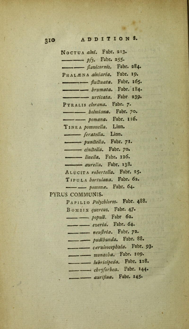 3io Noctua aïni. Fabr. 213. pfy. Fabr. 255. ■ . ■— flavicornis. Fabr. 284. Phalæna alniaria. Fabr. 19. ■ ■ — fluüuata. Fabr. 165. brumata. Fabr. 184. urticata. Fabr 239. Pyralis clorana. Fabr. 7. holmiana. Fabr. 70. — ■■ pomana. Fabr. 116. Tinea pomonella. Linn. — feratella. Linn. punàella, Fabr. 71. — cinftella, Fabr. 70. — line il a. Fabr. 126. ■ aurelîa. Fabr. 138. Alucita robertella. Fabr. 25. Tipula hortulana. Fabr. 62. —— pomonœ. Fabr. 64. PYRUS COMMüNIS. P a p 1 l 1 o PolychloroS' Fabr. 488. B o m b 1 x quercus. Fabr. 47. popnli, Fabr 62. — everia. Fabr. 64* neujlria. Fabr. 72. . —— pudibunda. Fabr. 88. . - çœruleocephala» Fabr. 93* - mon a ch a. ü'abr. 109. -, lubricipeda. Fabr. 128. . cbryforbea. Fabr. 144. . . aurifiua. Fabr. 145»