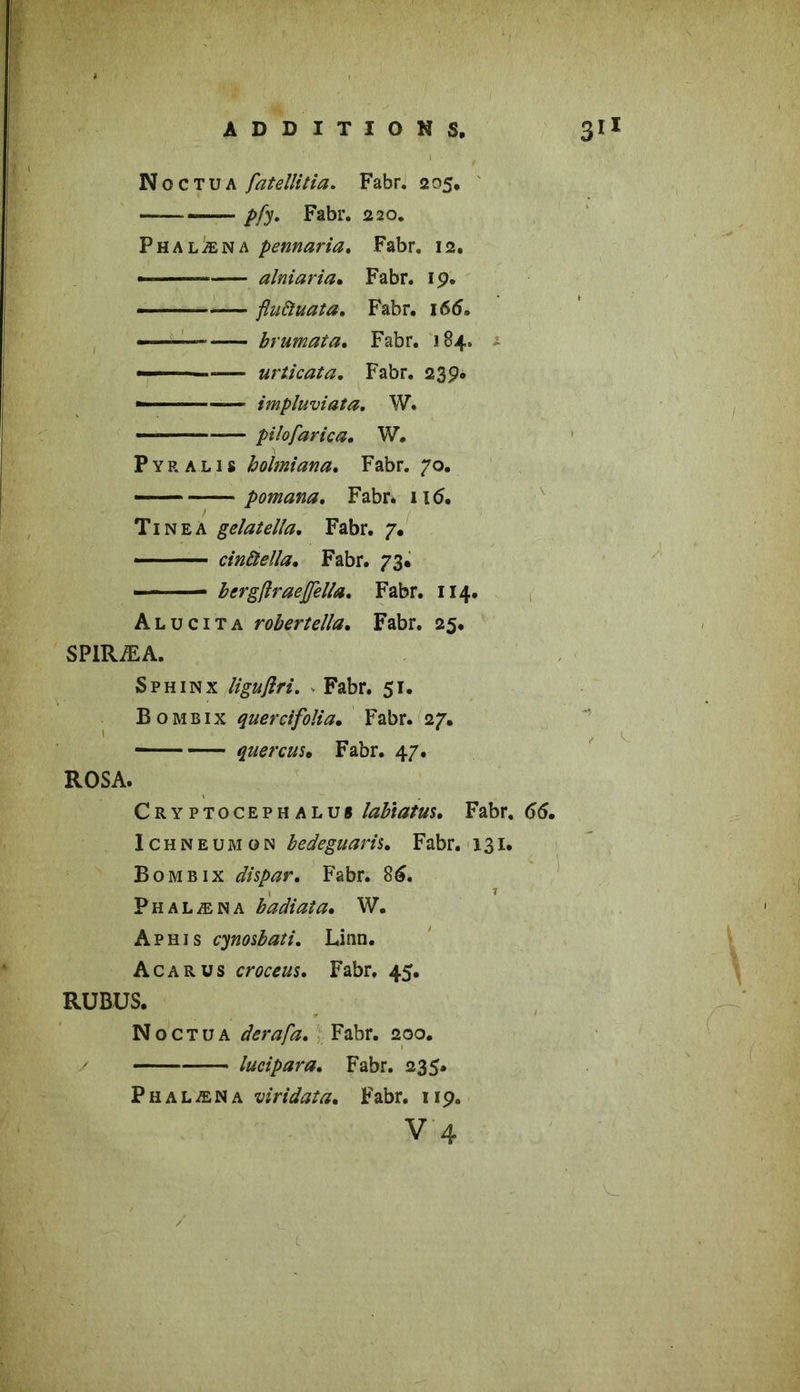 1 t ■ ’ I No c TU A fatellitia. Fabr. 205, —— pfym Fabr. 220. P H aliéna pennaria. Fabr. 12. ■ alniaria• Fabr. 19. ftuiïuata. Fabr. 166» — brumata, Fabr. 184, * ■ — urticata. Fabr. 239. — impluviata. W. — pilofarica• W. P y r a l 1 s holmiana. Fabr. 70. — pomana. Fabr. 116. Tinea gelatella. Fabr. 7. cinftella, Fabr. 73. — — bergftraeJJèUa. Fabr. 114. Alu cita robertella. Fabr. 25. SP1RÆA. Sphinx liguftri. Fabr. 51. B o mb ix quer ci folia. Fabr. 27. quercus. Fabr. 47. ROSA. Cry ptoceph alu* labiatus. Fabr. 66. Ichneumon bedeguarii. Fabr. 131. Bombix dispar, Fabr. 86. P h a l æ N a badiaia. W. A p h 1 s cynosbati. Linn. Acarus croceus. Fabr, 45. RUBUS. N octua derafa. Fabr. 200. lucipara. Fabr. 235. Phalæna viridata. Fabr. 119. v 4 c
