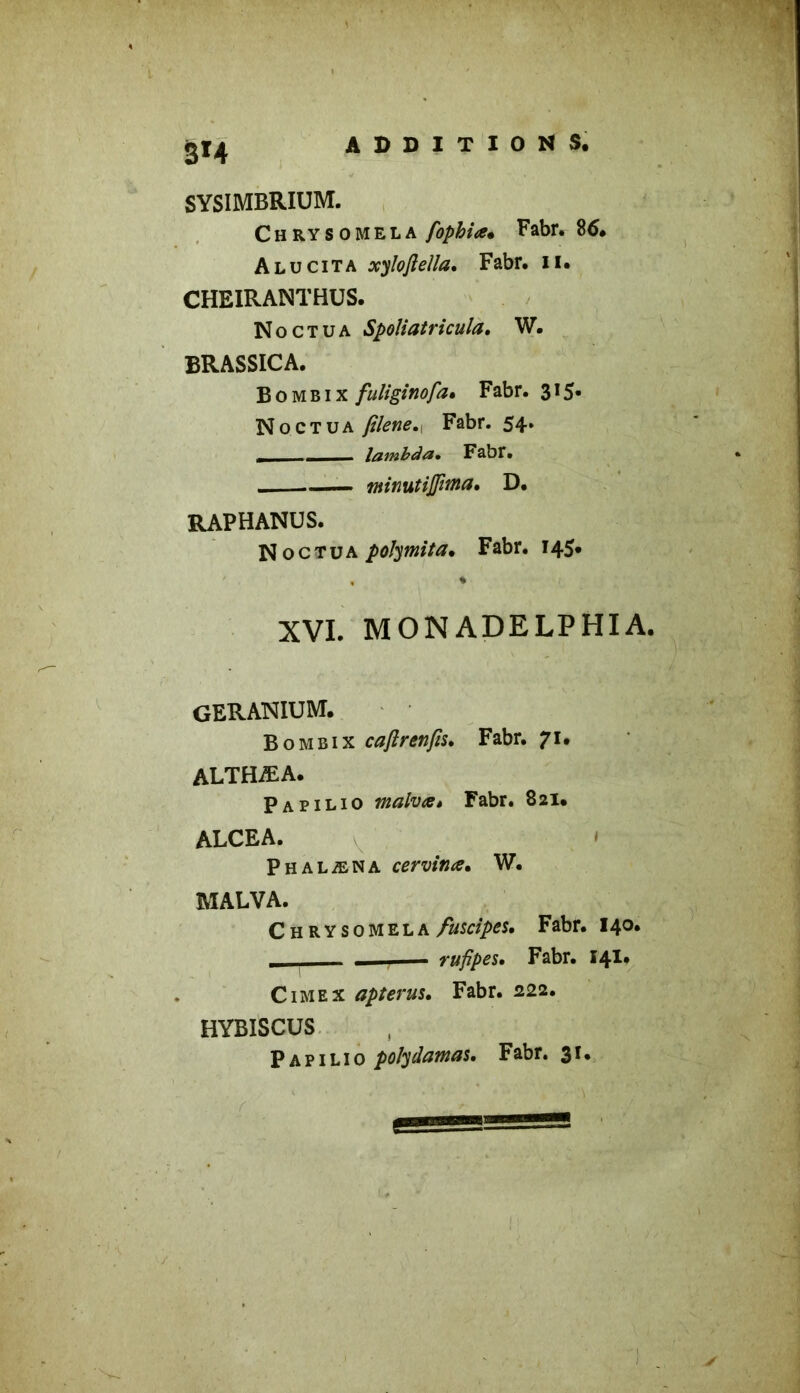 SYSIMBRIUM. Chrysomela fophia• Fabr. 86. A lu cita xyïoflella. Fabr. n. CHEIRANTHUS. N o c t u a Spoliatricula. W. BRASSICA. B o MB ix fuliginofa• Fabr. 315* Noctua filene.\ Fabr. 54. , lambda» Fabr. minutijfima. D. RAPHANUS. Noctua polymita* Fabr. 145* , % XVI. MONADELPHIA GERANIUM. Bombix cafîrenfis. Fabr. j\, ALTHÆA. Papilio malva t Fabr. 821. ALCEA. » Phalæna cervinœ. W. MALVA. Chrysomelafuscipes. Fabr. 140. — 1 — rufipes» Fabr. 141* Cimex apterus. Fabr. 222. HYBISCUS Papilio polyclamas» Fabr. 31.