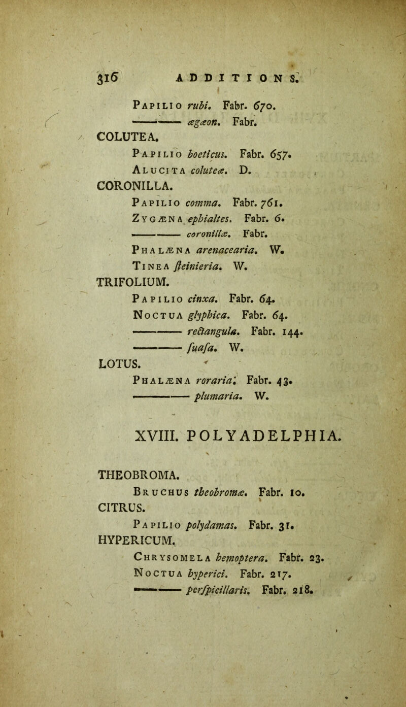 . P a p i l i o rubi, Fabr. 67o. - œgœon, Fabr. COLUTEA. Papilio boeticus, Fabr. 657. Alucita coluteœ. D. , CORONILLA. Papilio comma. Fabr. 761. Zygæna ephiaJtes. Fabr. 6• —— coronillœ. Fabr. P h a l æ n a arenacearia. W. Tinea fteinieria. W. TRIFOLIUM. Papilio cinxa. Fabr. 64. Noctua glyphica, Fabr. 6\, — reùangula, Fabr. 144. fuafa. W. LOTUS. Phalæna r or aria', Fabr. 43. ■ ■ plumaria. W. XVIII. POLYADELPHIA. THEOBROMA. Br u ch us theobroma, Fabr. 10. CITRUS. Papilio poly damas, Fabr. 3r. HYPERICUM. Chrysomela hemoptera, Fabr. 23. Noctua hyper ici, Fabr. 217. per/picillaris, Fabr. 218.